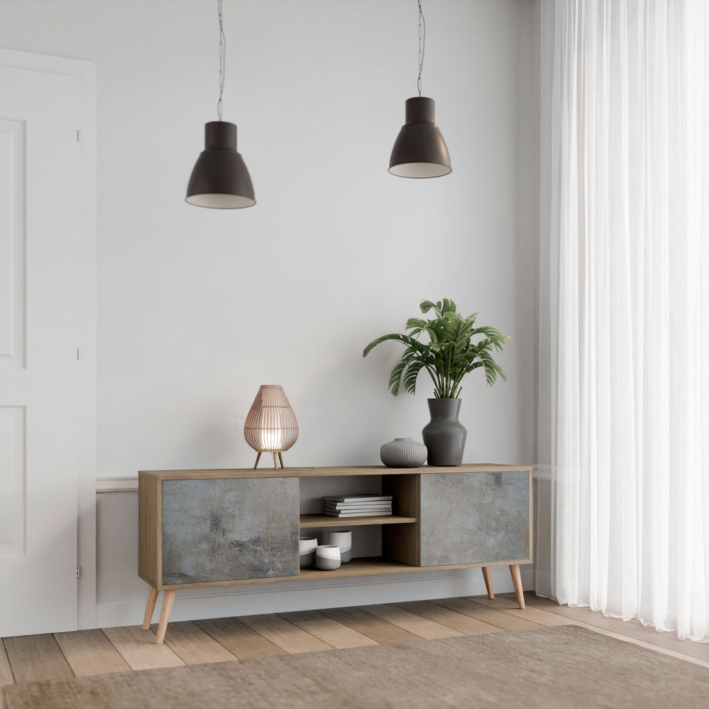 Meuble TV 2 portes effet chêne avec mur en béton