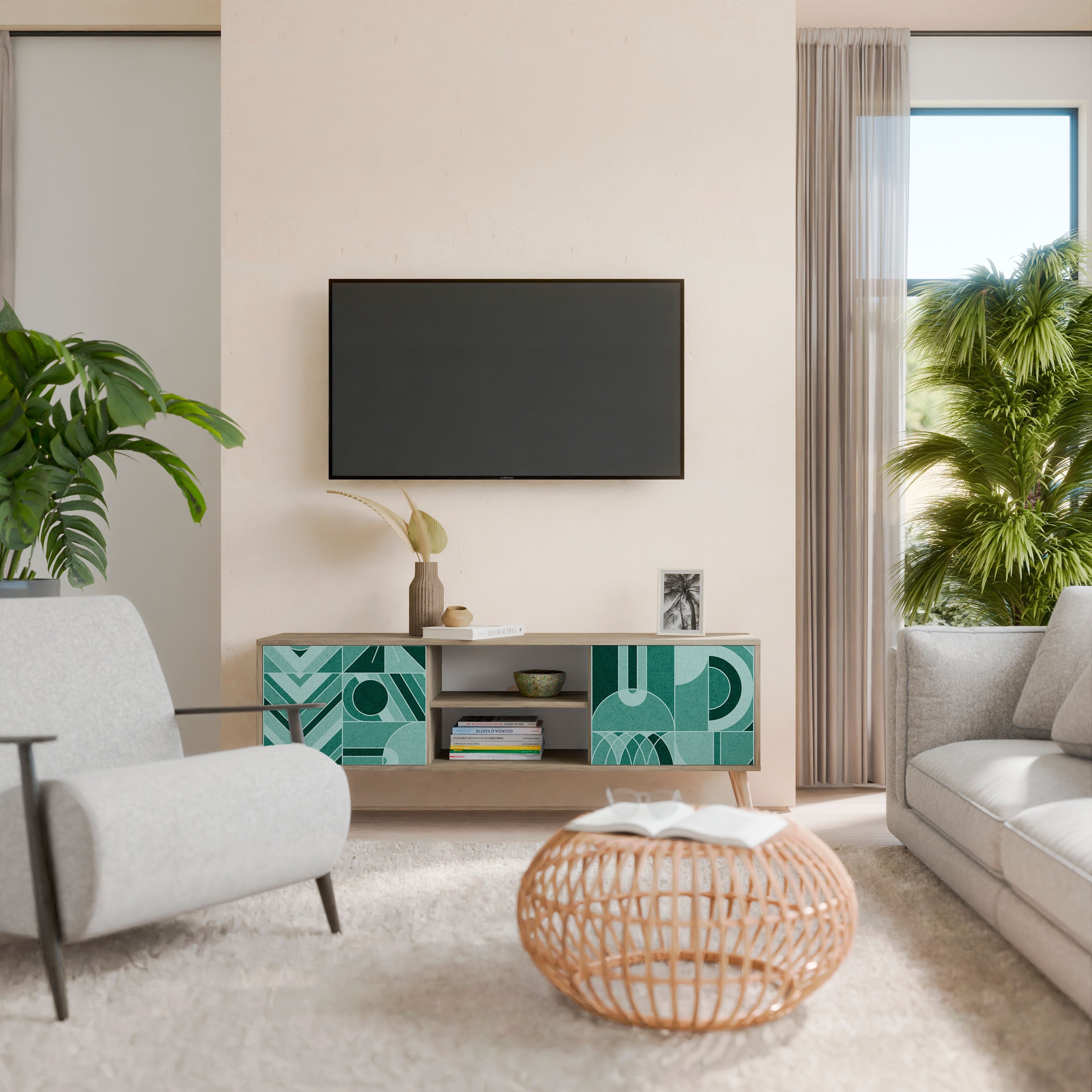 Meuble TV 2 portes HARMONIC GRID effet chêne