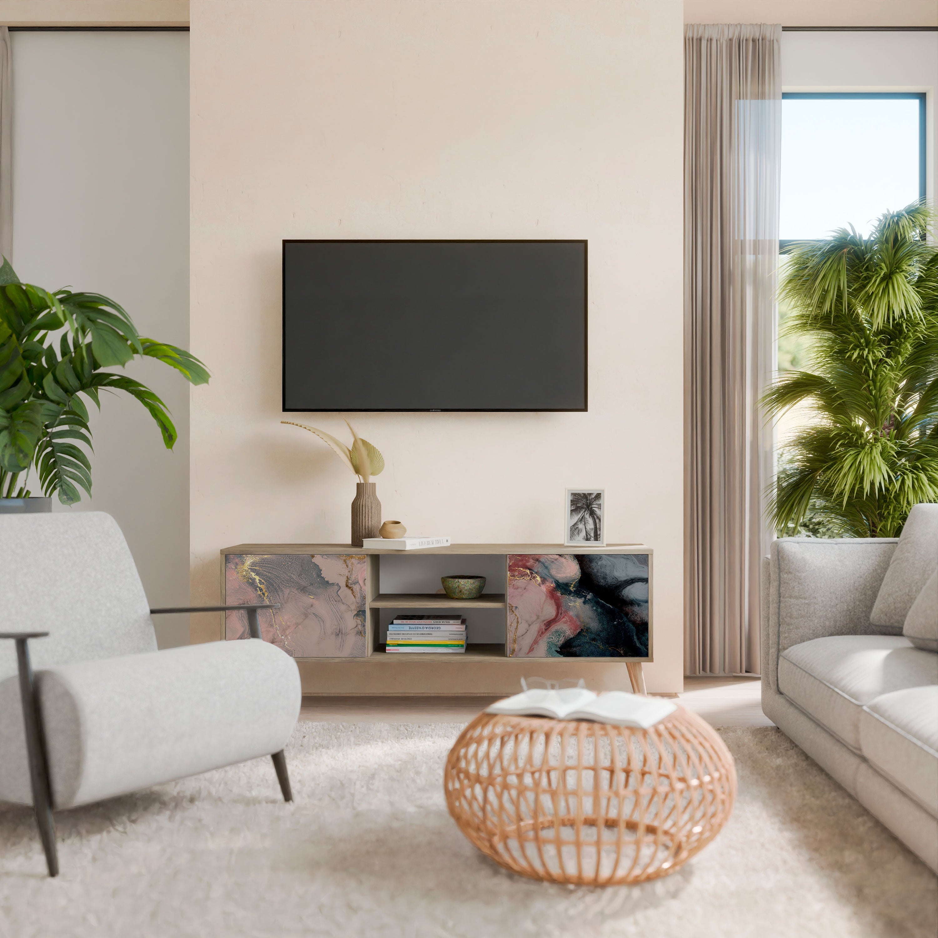 Meuble TV 2 portes GILDED SWIRLS effet chêne