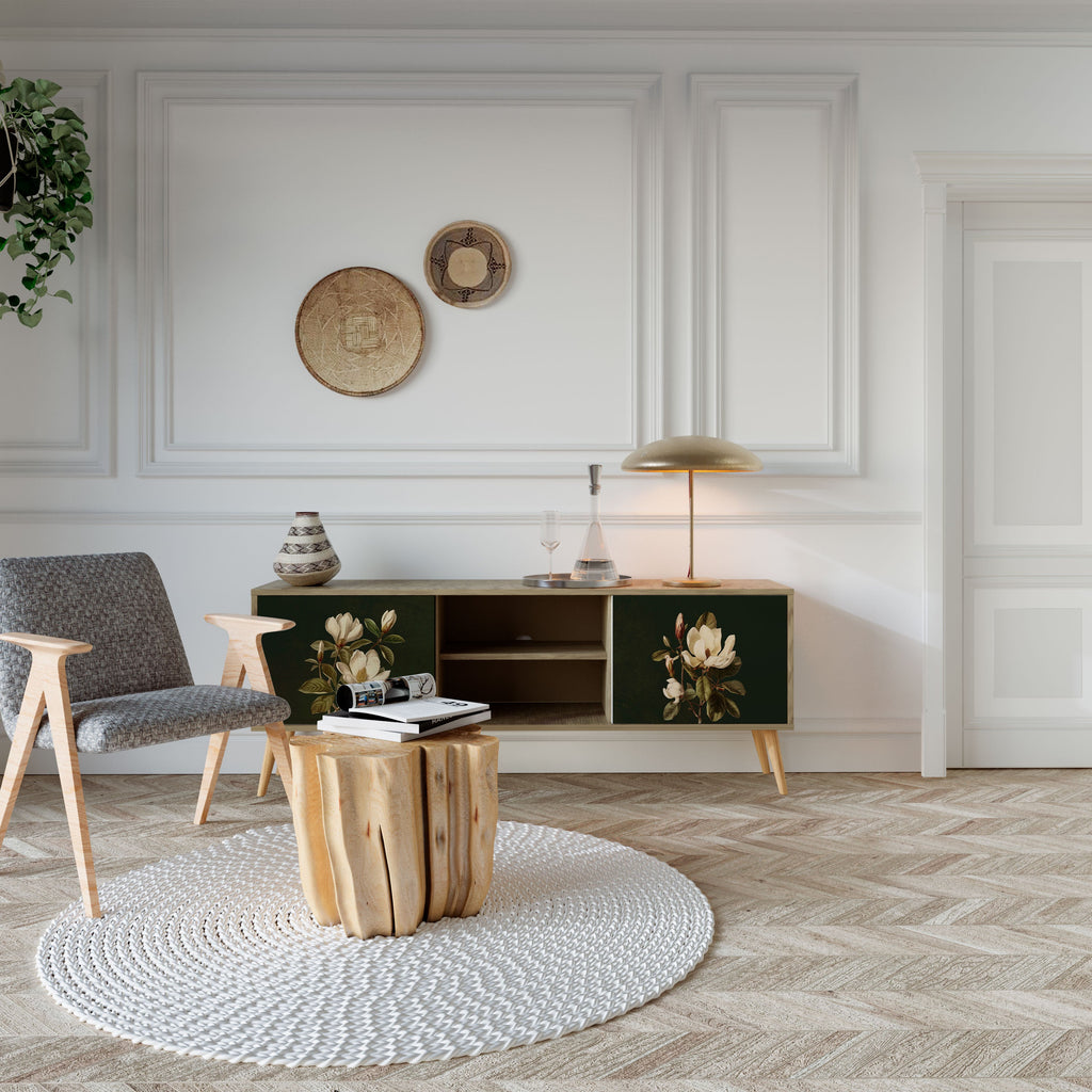 Meuble TV 2 portes FLORAL NOIR effet chêne