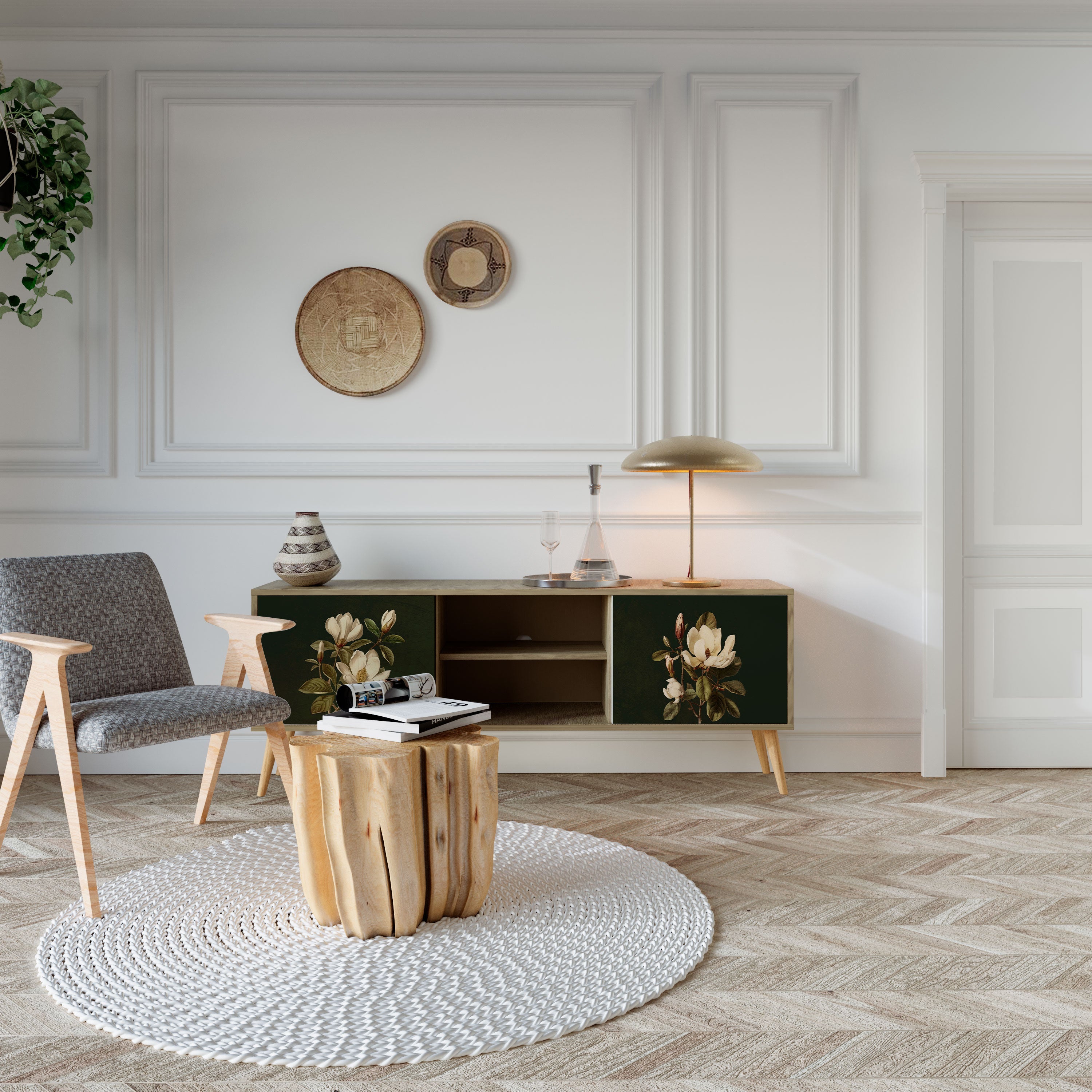 Meuble TV 2 portes FLORAL NOIR effet chêne