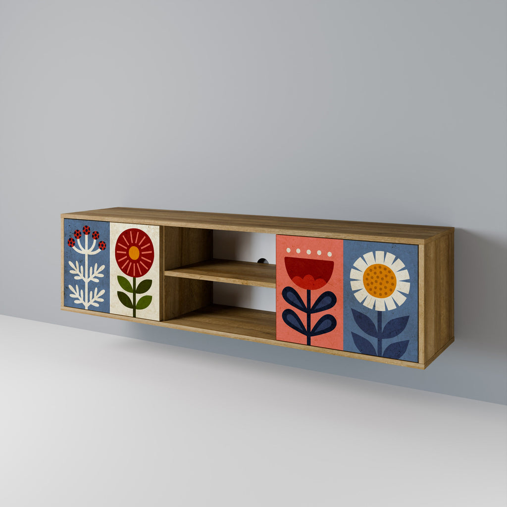 Meuble TV 2 portes SCANDIC FLOWERET effet chêne