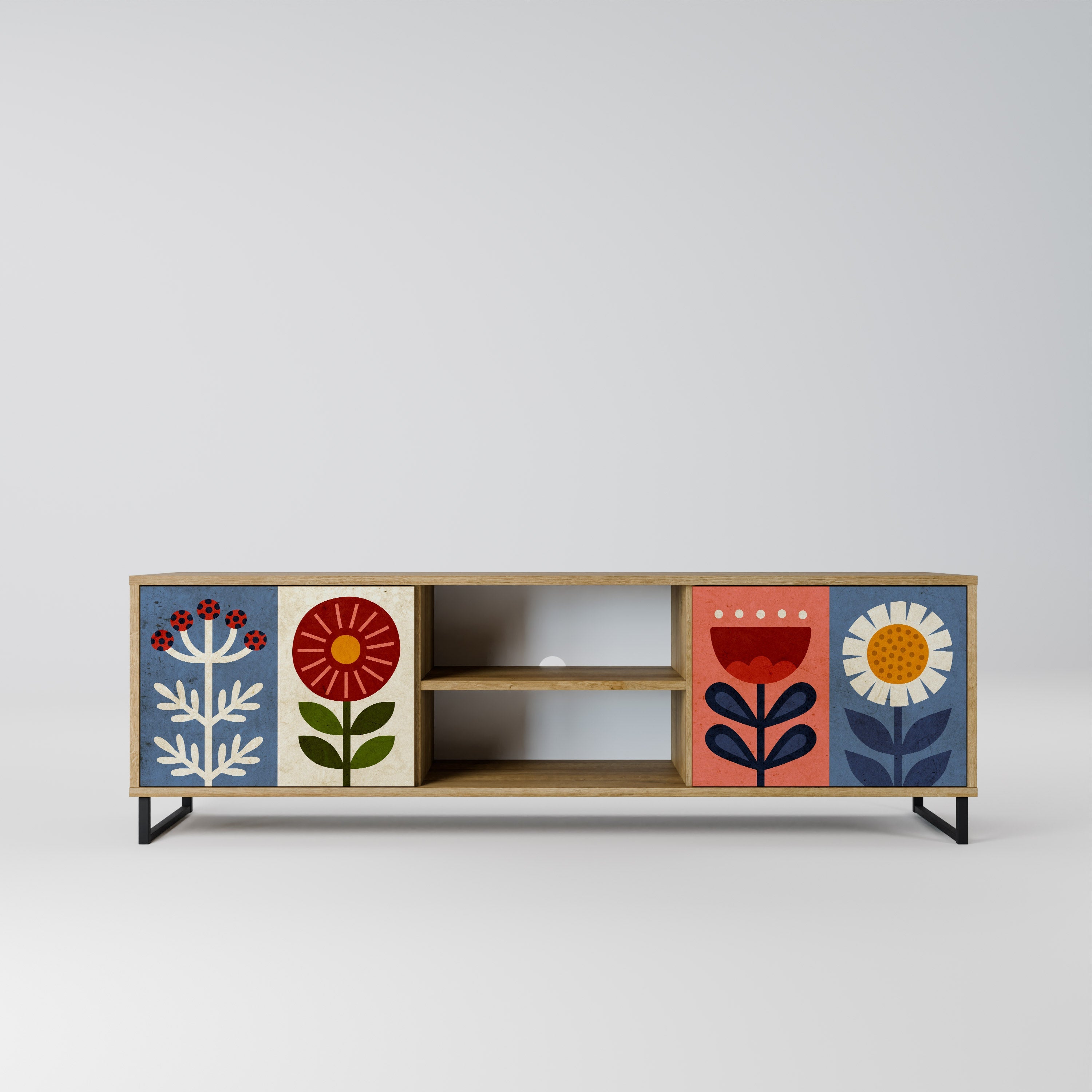 Meuble TV 2 portes SCANDIC FLOWERET effet chêne