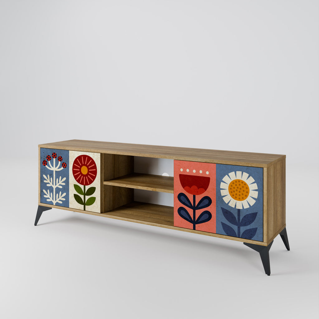 Meuble TV 2 portes SCANDIC FLOWERET effet chêne