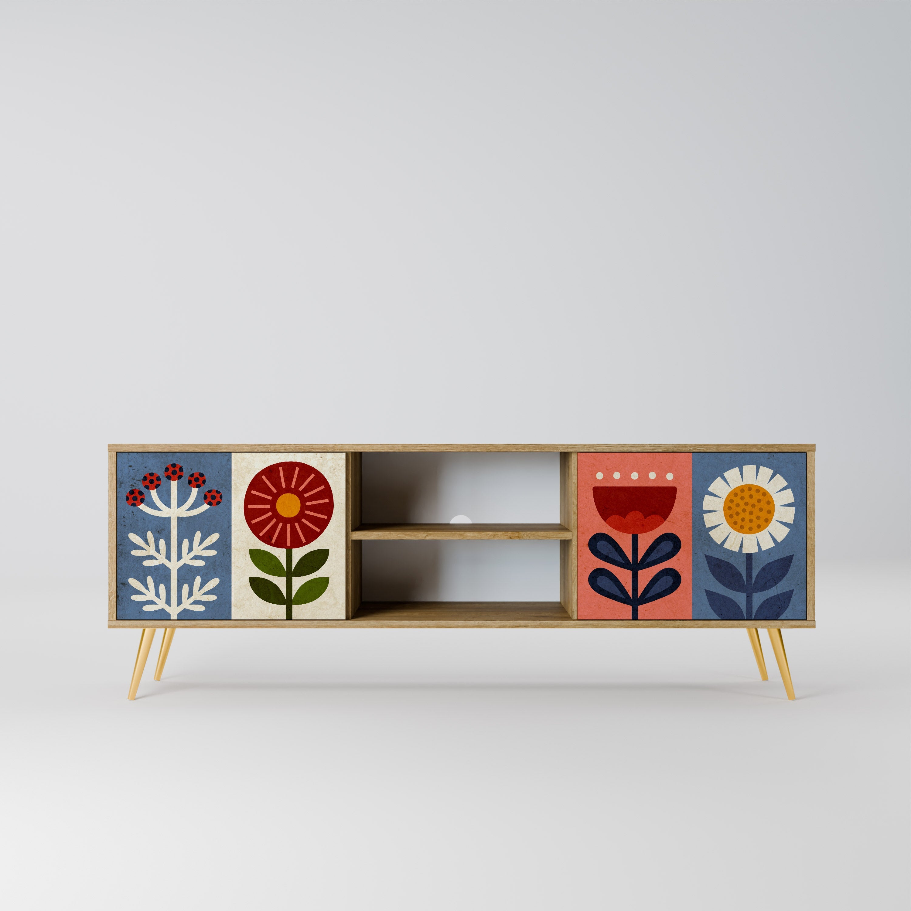 Meuble TV 2 portes SCANDIC FLOWERET effet chêne