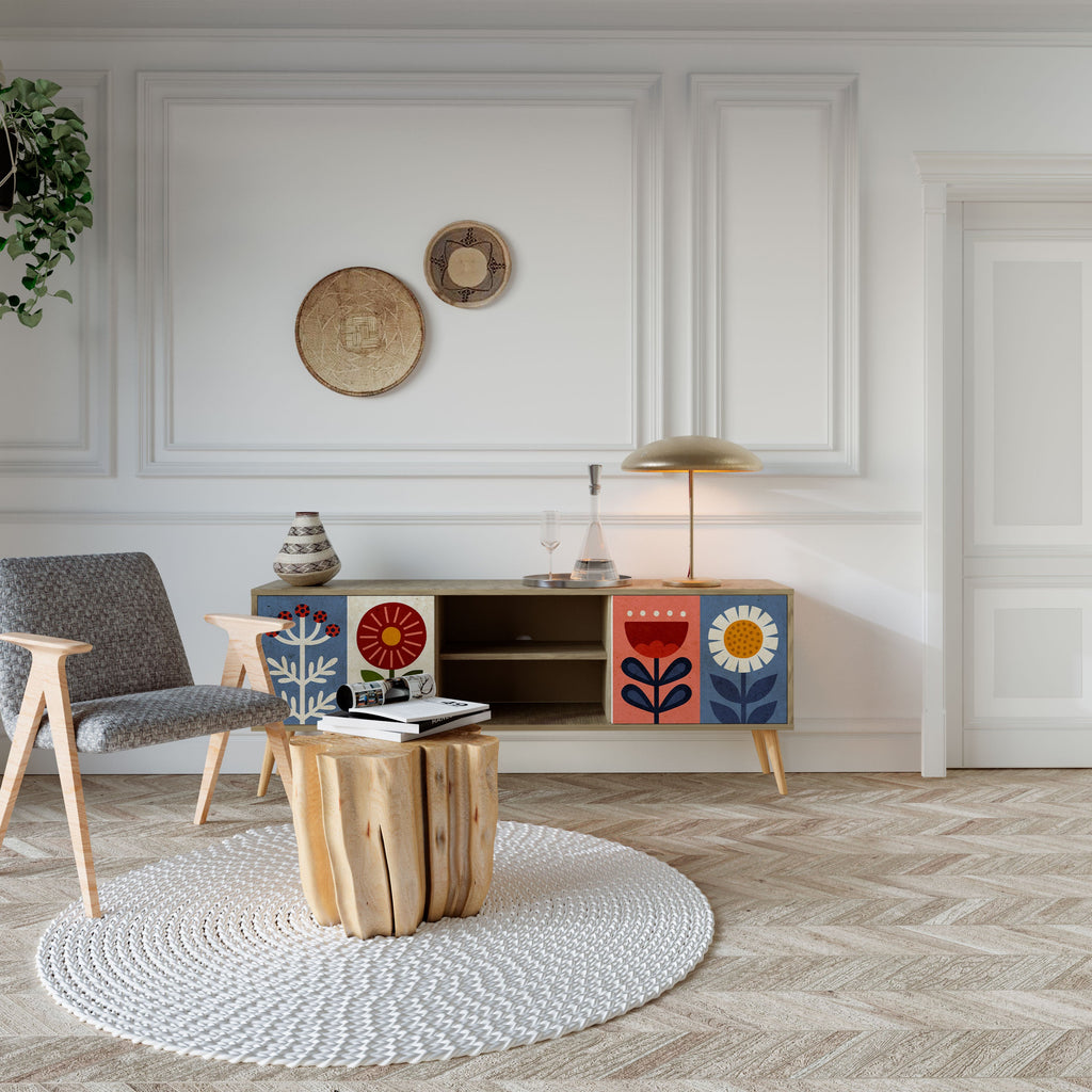 Meuble TV 2 portes SCANDIC FLOWERET effet chêne