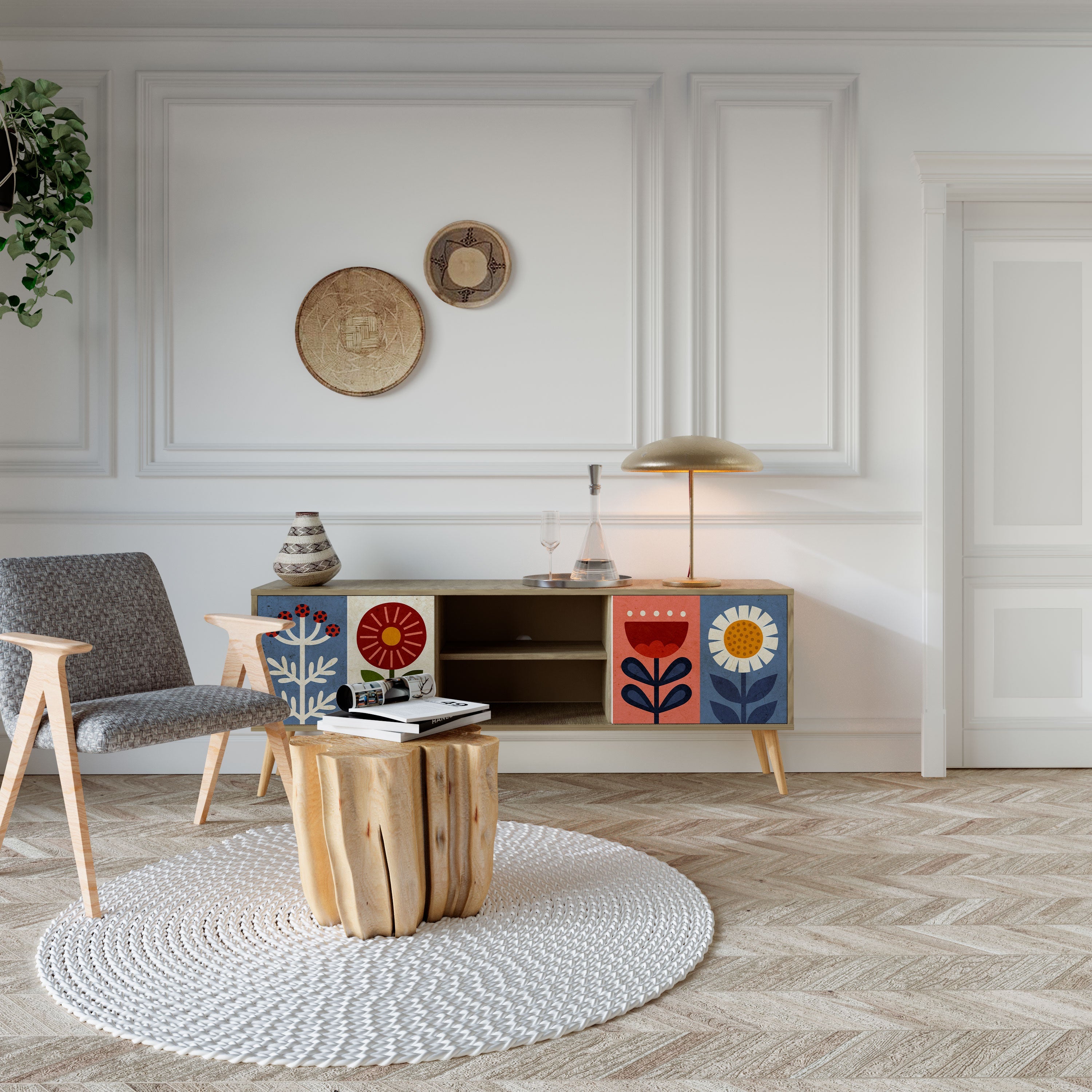 Meuble TV 2 portes SCANDIC FLOWERET effet chêne