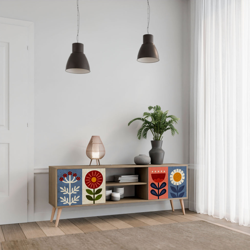 Meuble TV 2 portes SCANDIC FLOWERET effet chêne