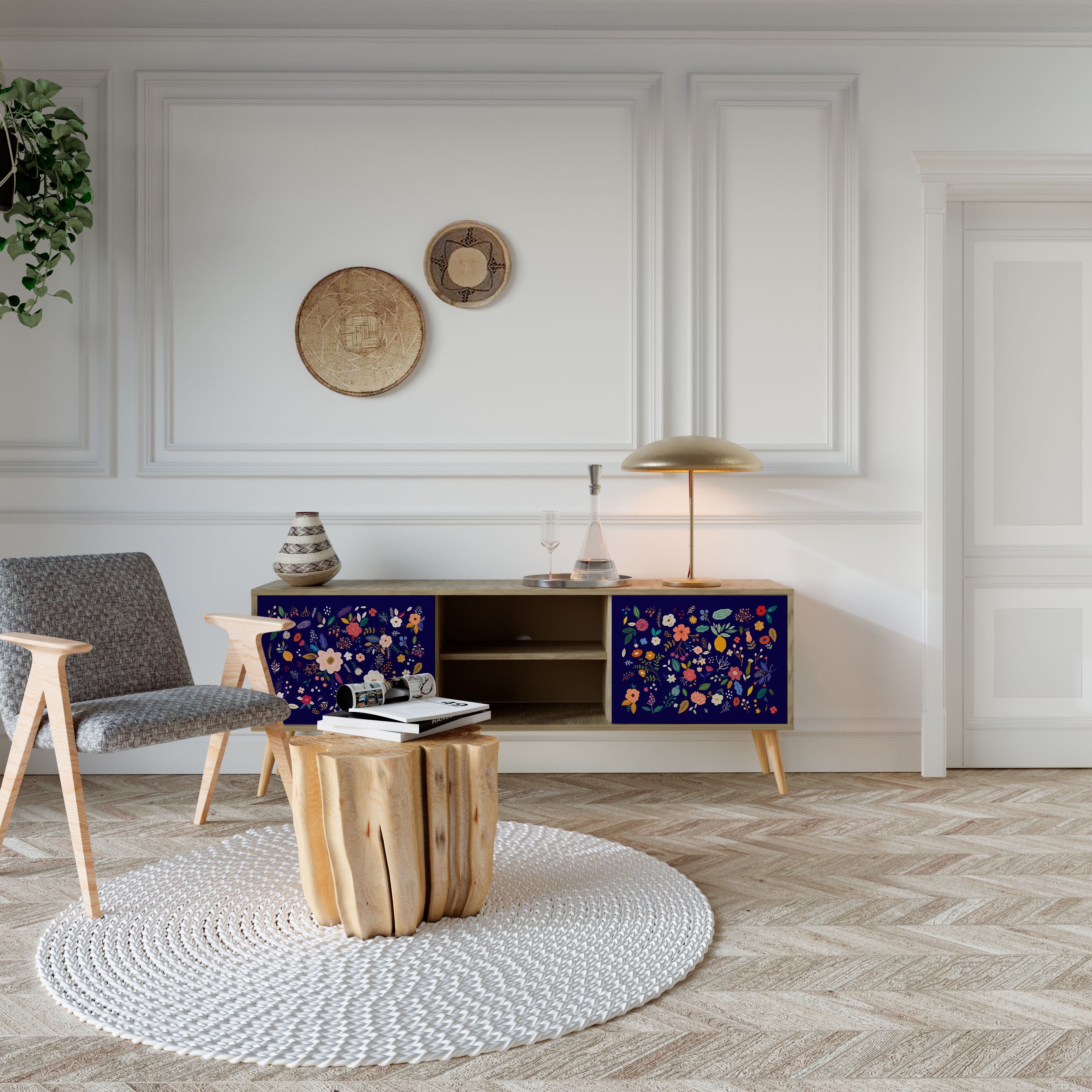 Meuble TV 2 portes FLORAL COMBINATION effet chêne