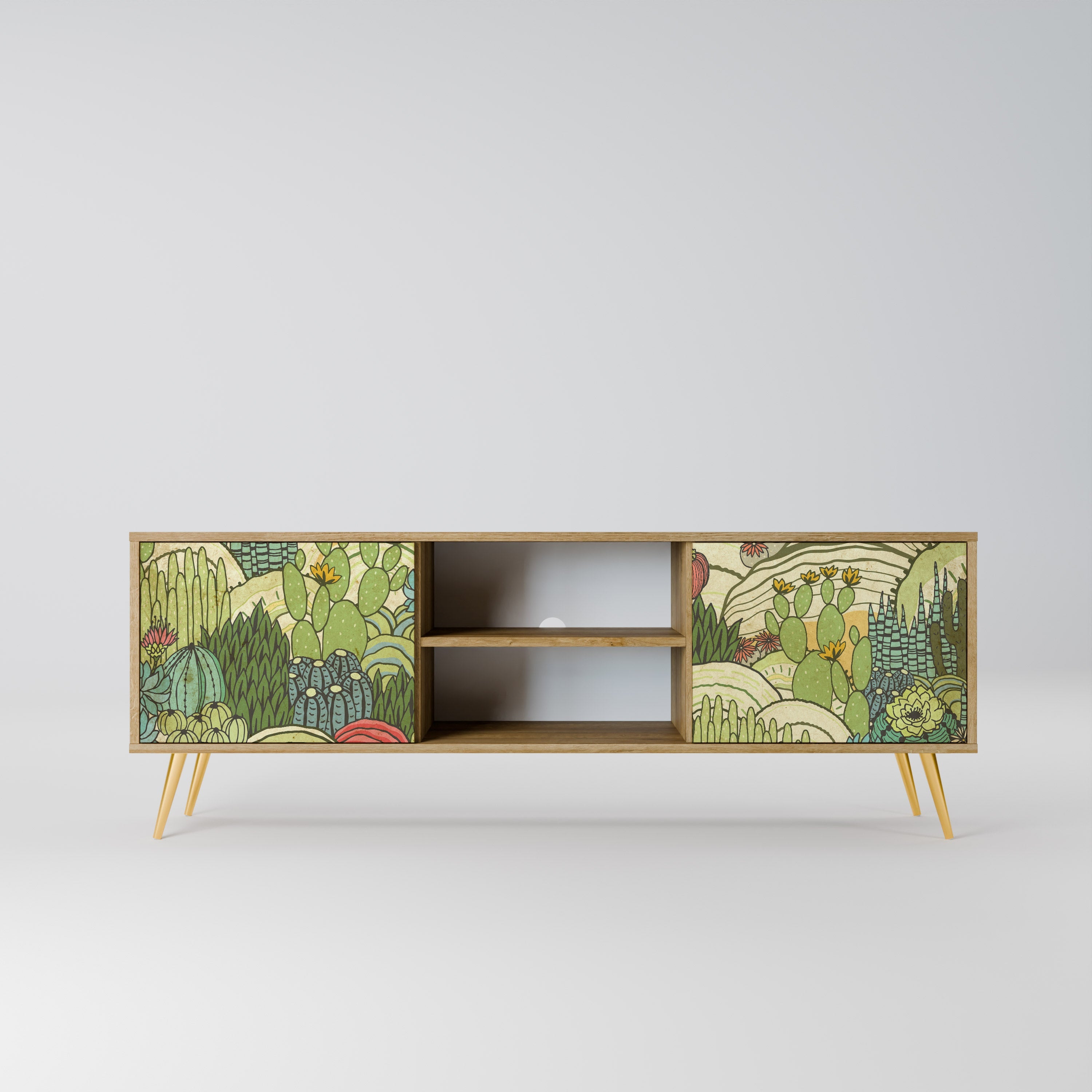 Meuble TV 2 portes SUCCULENTS KALEIDOSCOPE effet chêne
