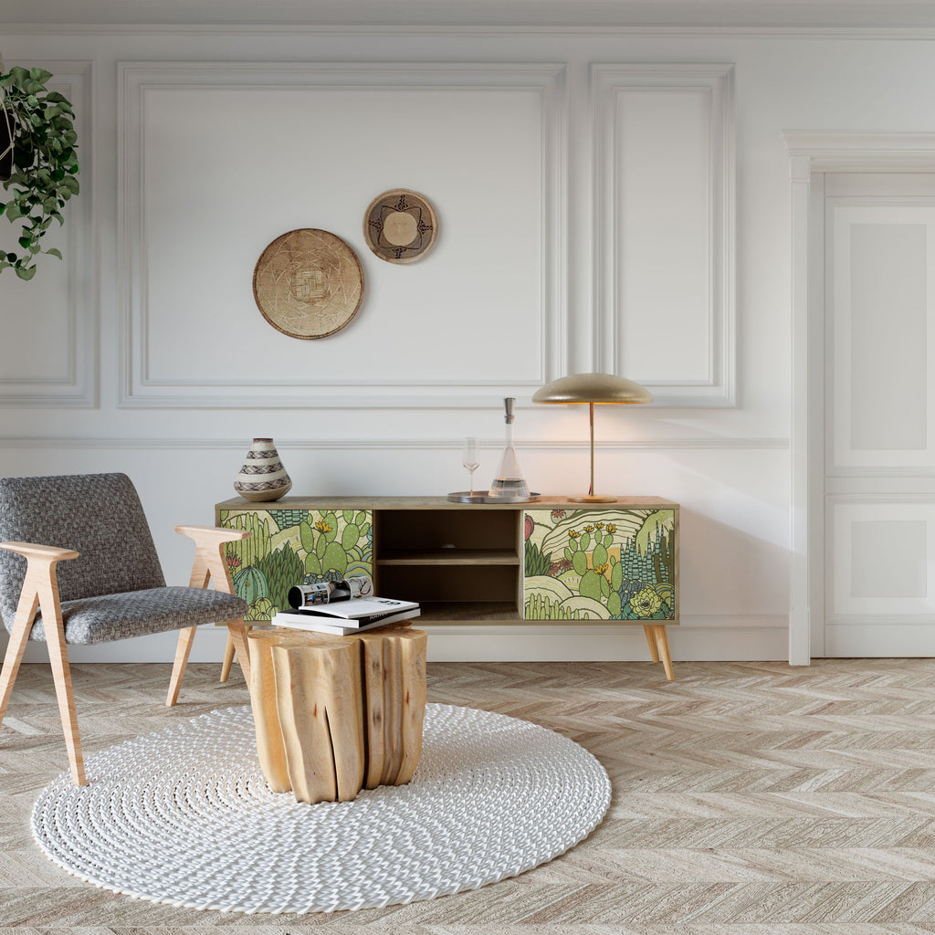 Meuble TV 2 portes SUCCULENTS KALEIDOSCOPE effet chêne