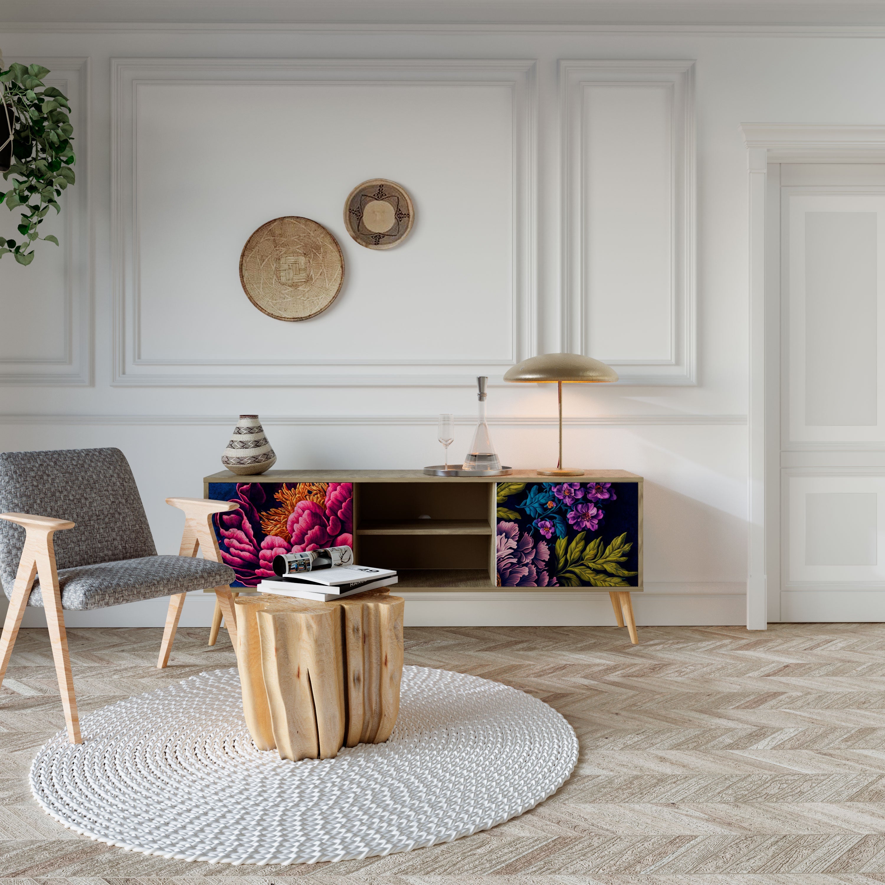 Meuble TV 2 portes BLOOMING ELEGANCE effet chêne