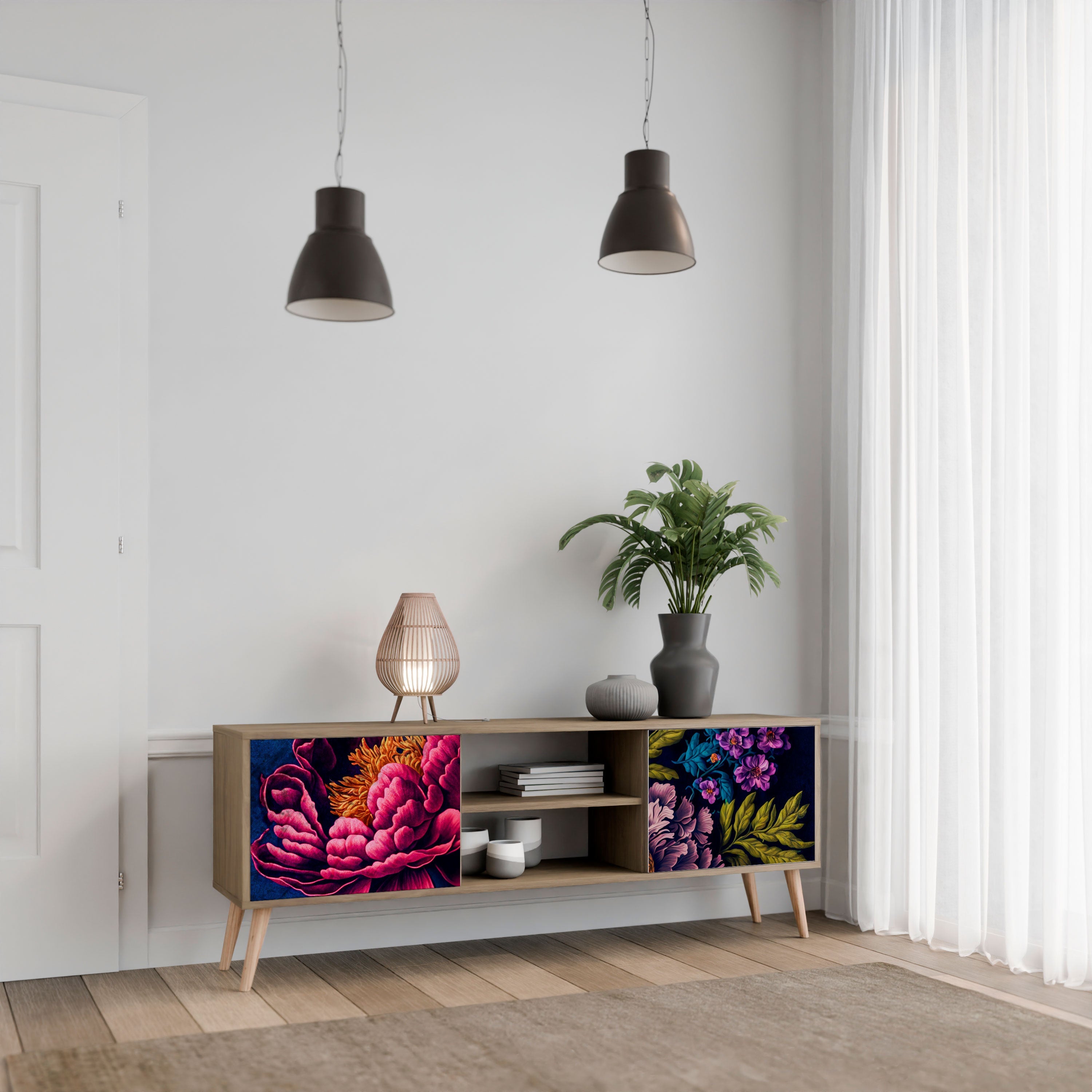 Meuble TV 2 portes BLOOMING ELEGANCE effet chêne