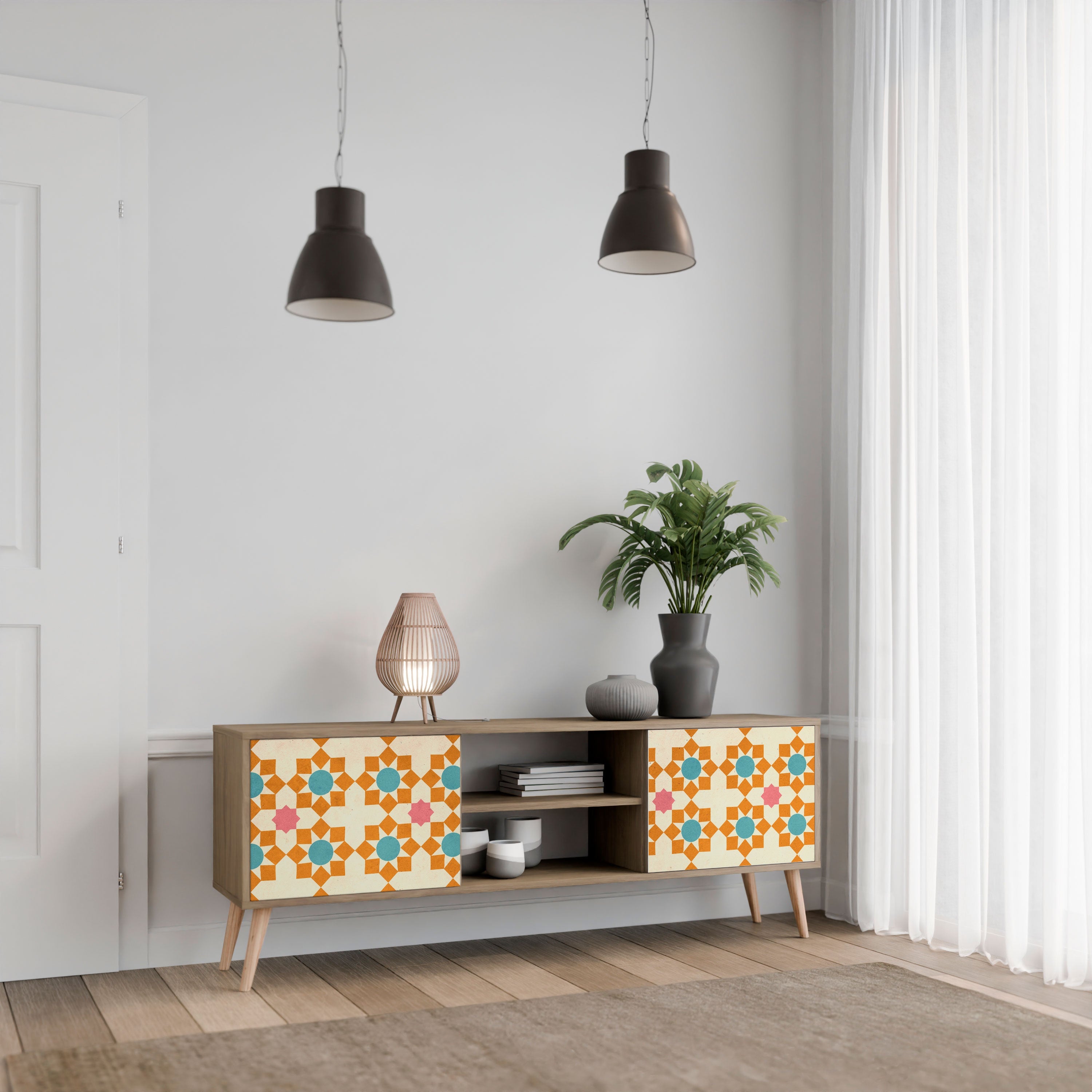 Meuble TV 2 portes FLORAL DECOR effet chêne