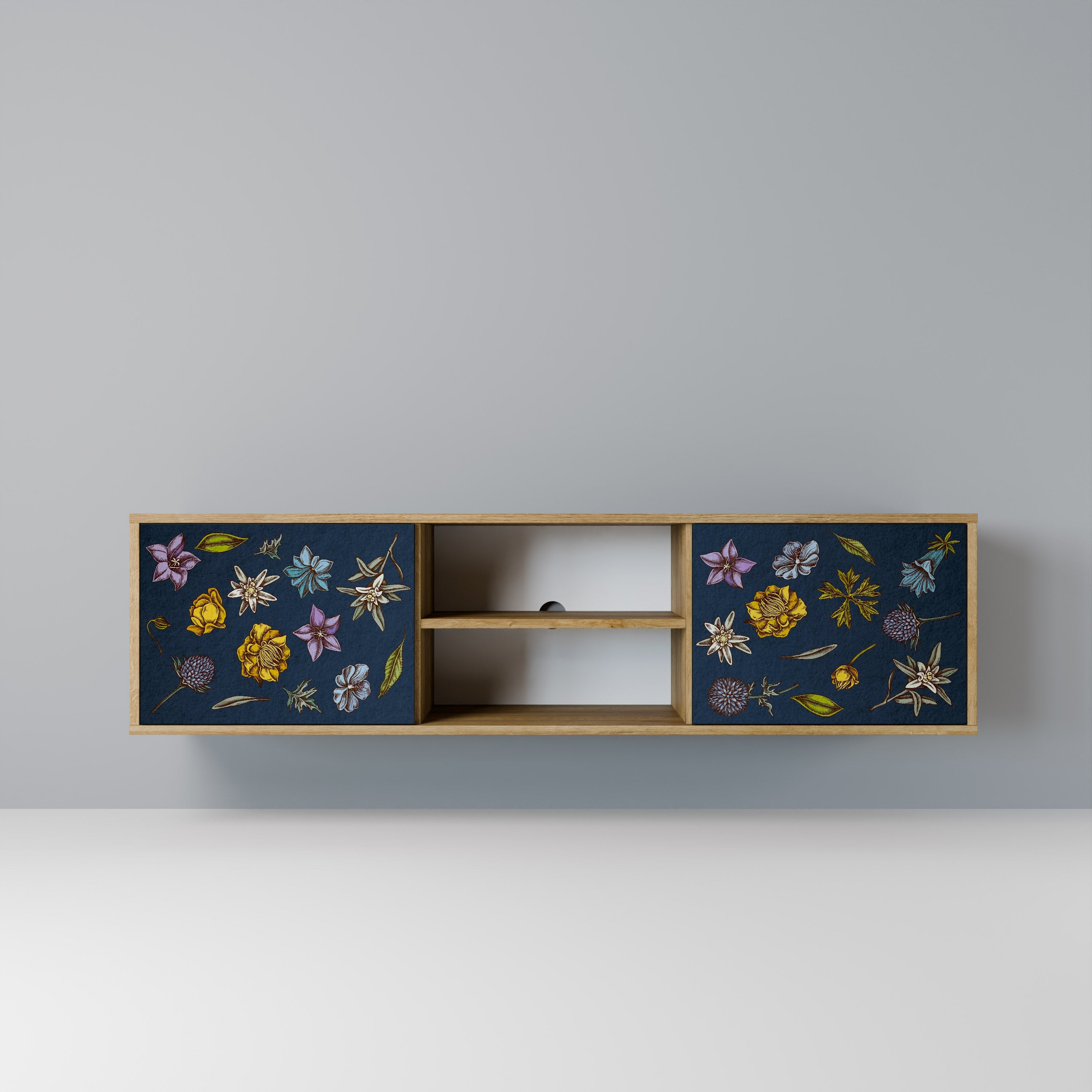 Meuble TV 2 portes effet chêne FLOWERS ON NAVY BLUE