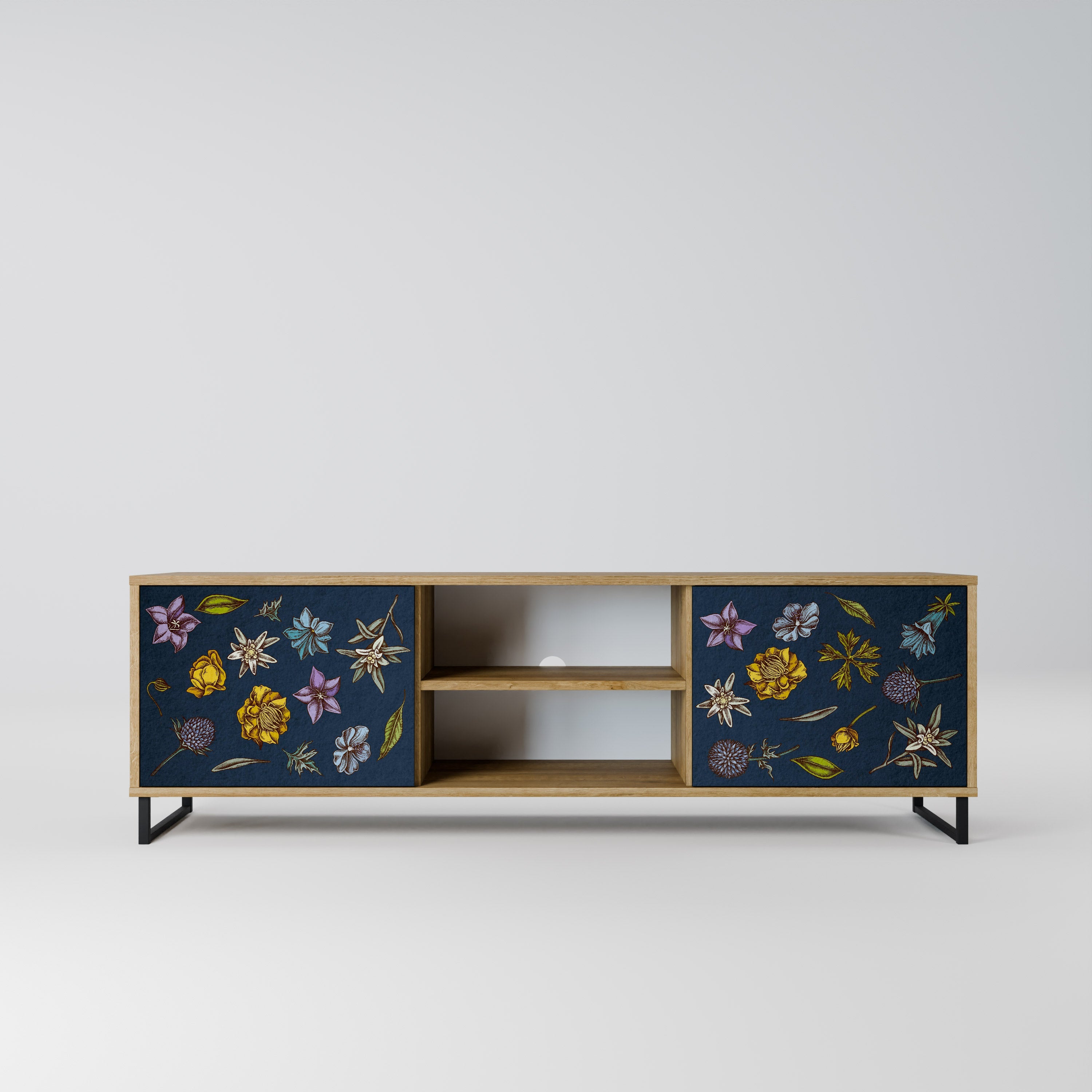 Meuble TV 2 portes effet chêne FLOWERS ON NAVY BLUE
