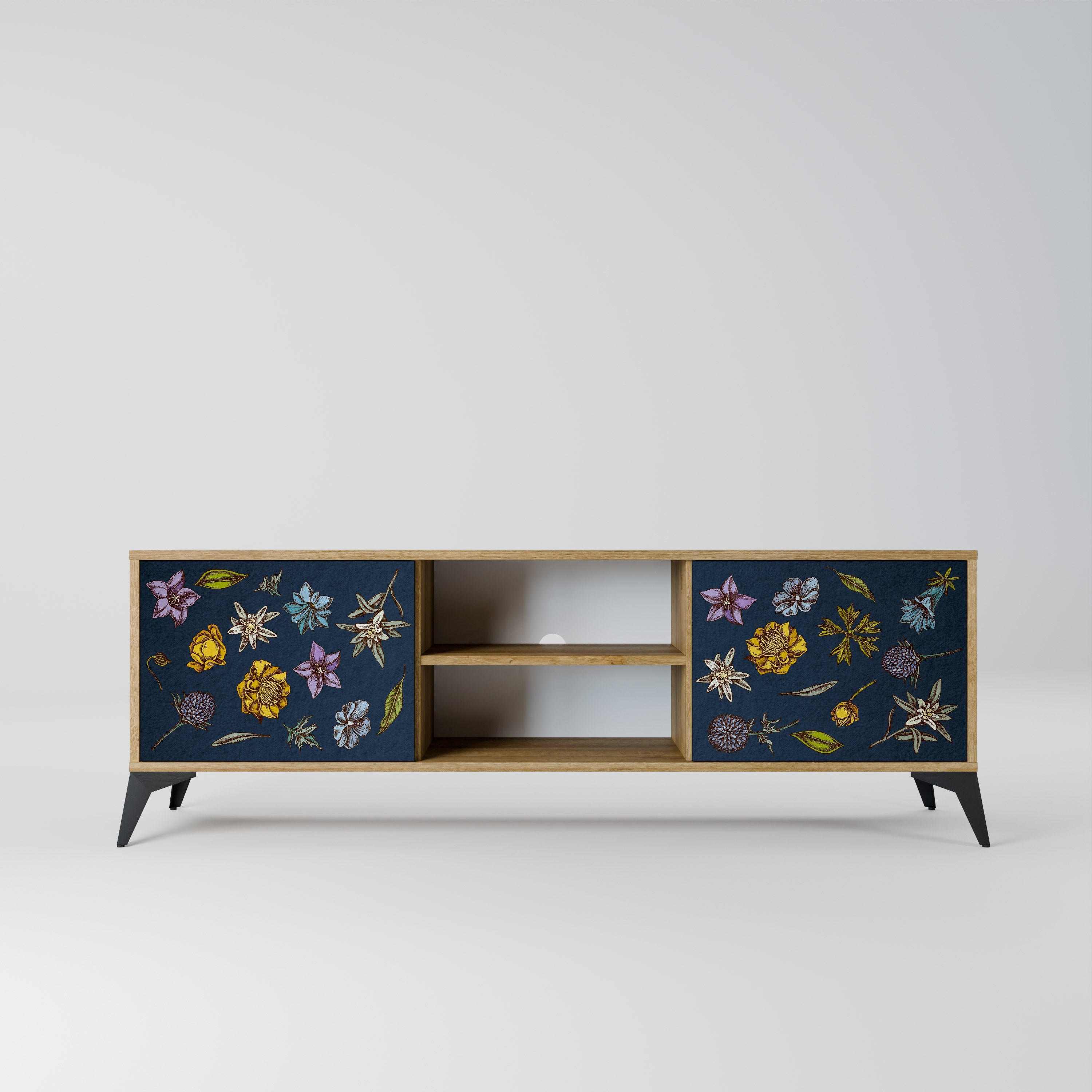 Meuble TV 2 portes effet chêne FLOWERS ON NAVY BLUE