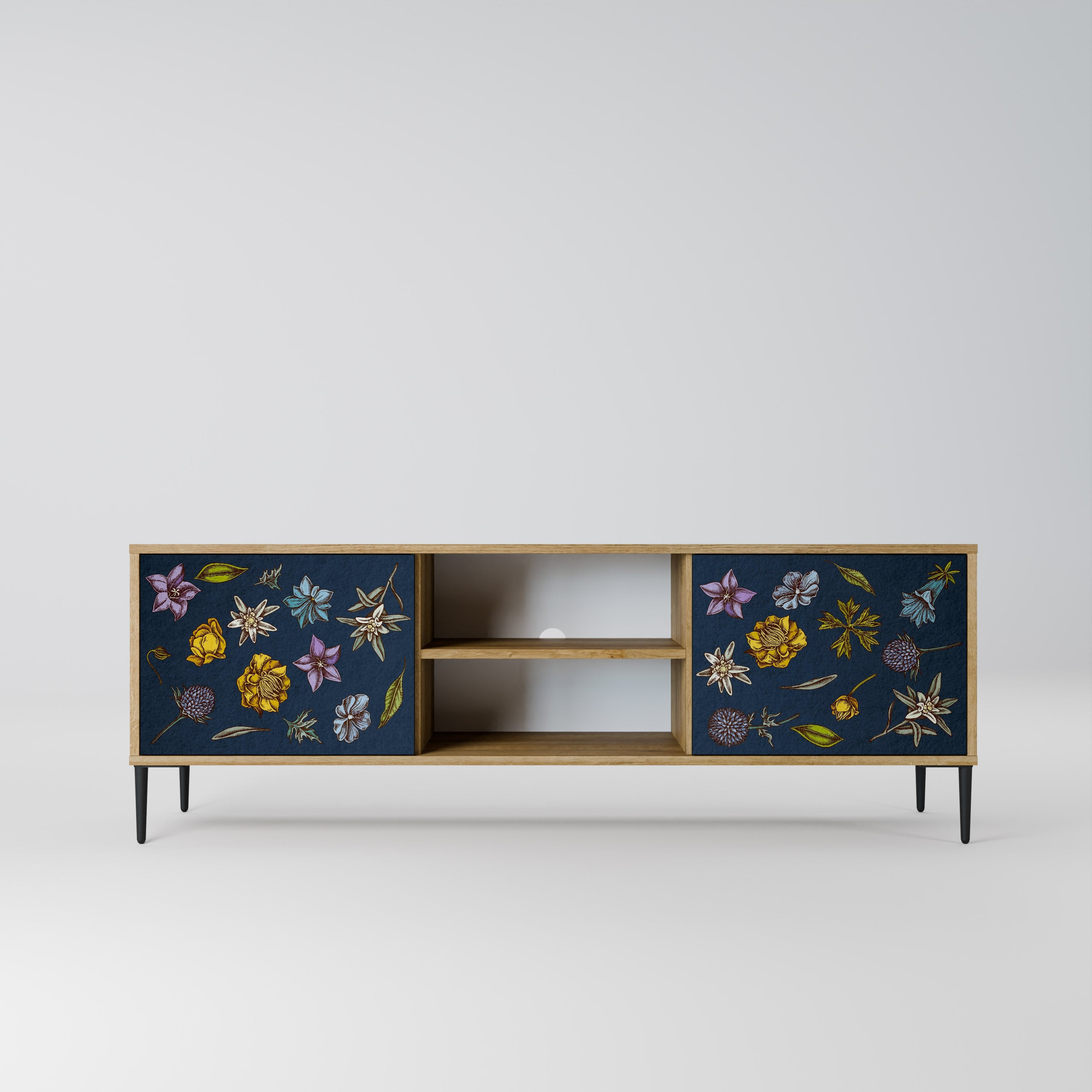 Meuble TV 2 portes effet chêne FLOWERS ON NAVY BLUE