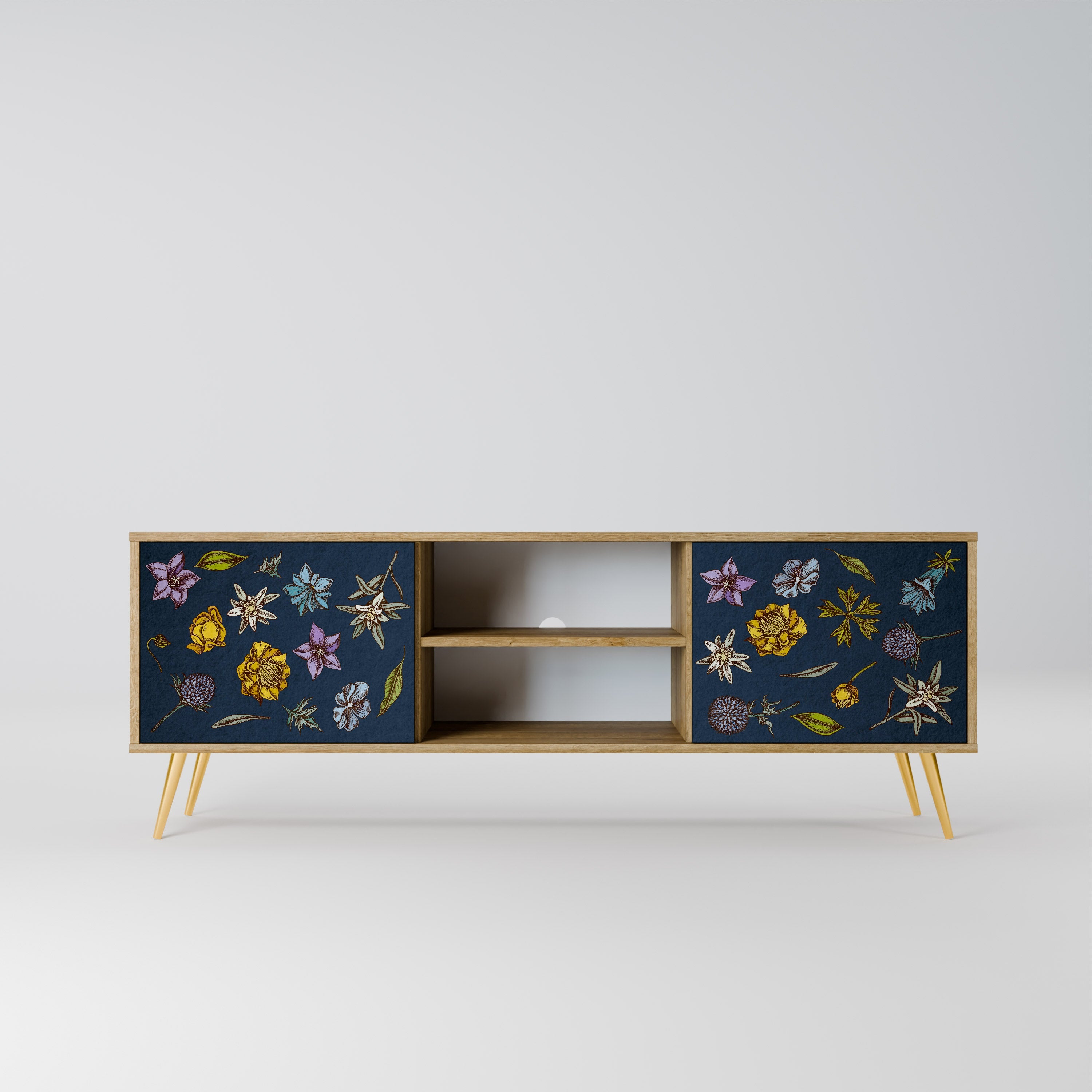 Meuble TV 2 portes effet chêne FLOWERS ON NAVY BLUE