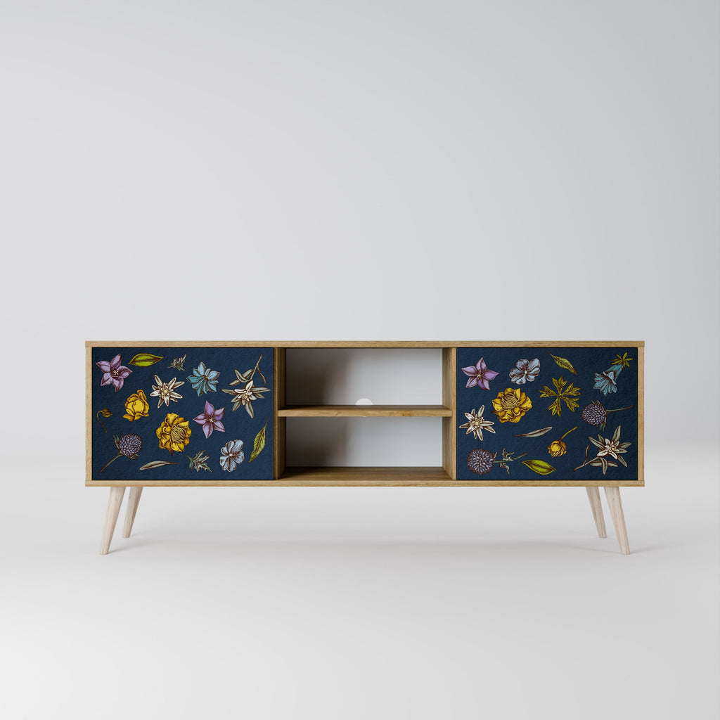 Meuble TV 2 portes effet chêne FLOWERS ON NAVY BLUE