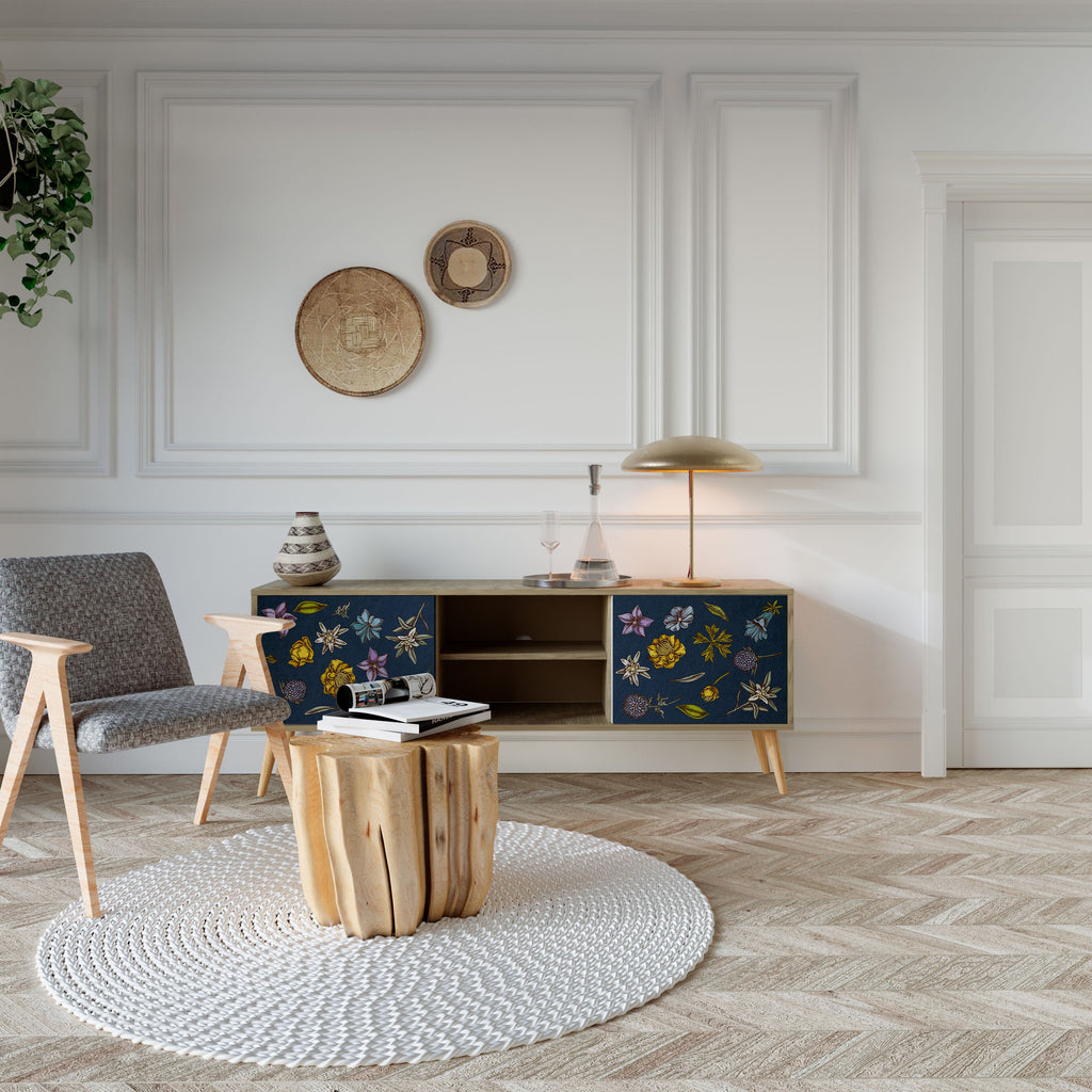 Meuble TV 2 portes effet chêne FLOWERS ON NAVY BLUE
