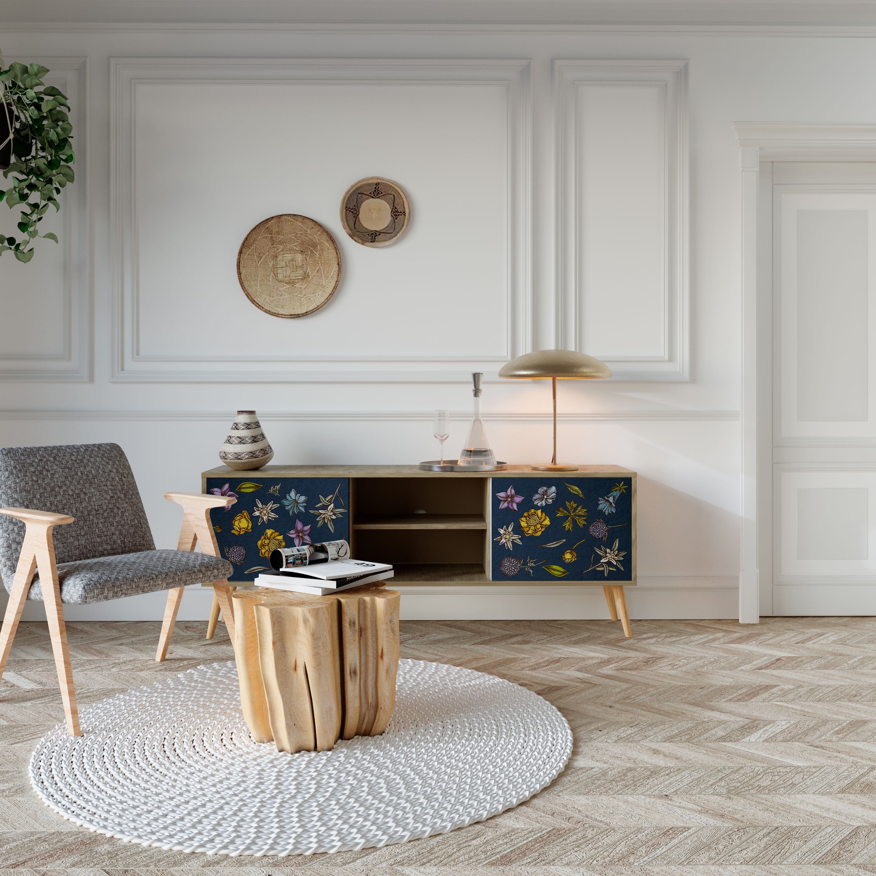 Meuble TV 2 portes effet chêne FLOWERS ON NAVY BLUE