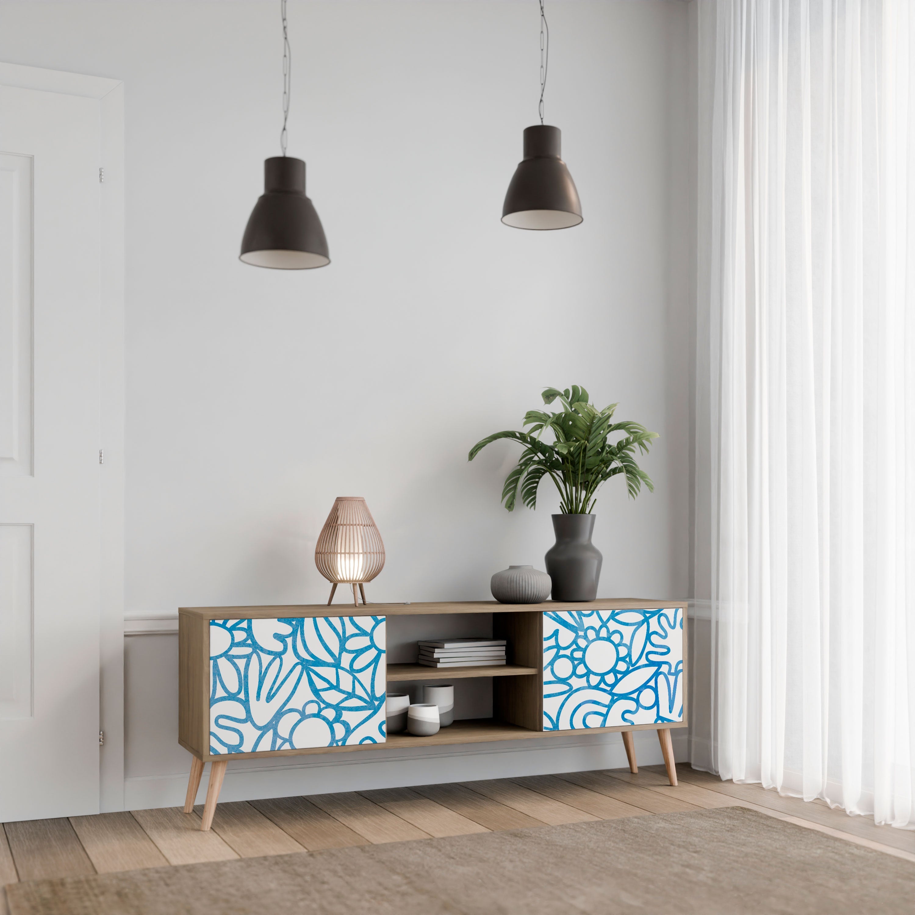 Meuble TV 2 portes BLOOMY MORNING effet chêne