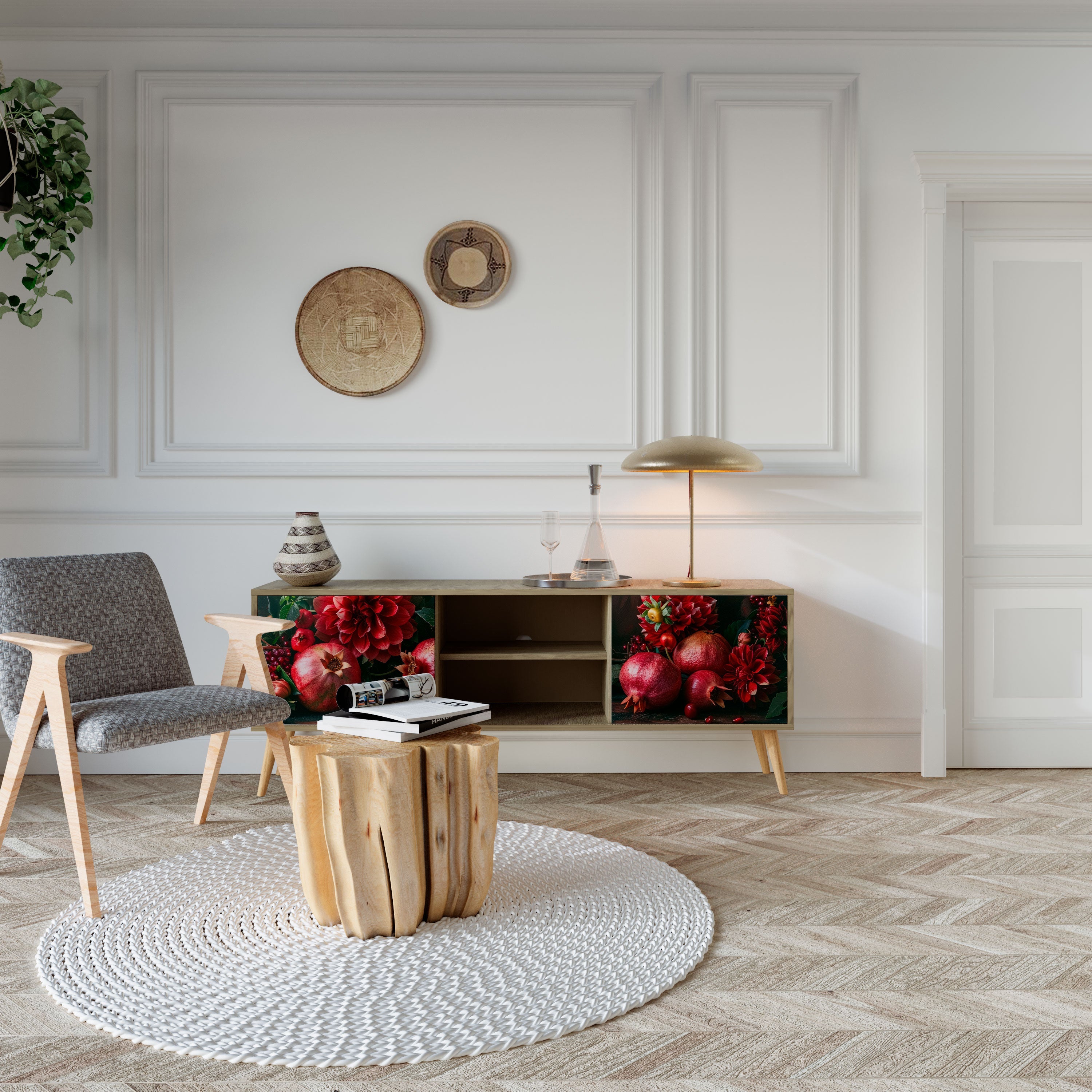 Meuble TV 2 portes DAHLIAS ET GRENADES effet chêne