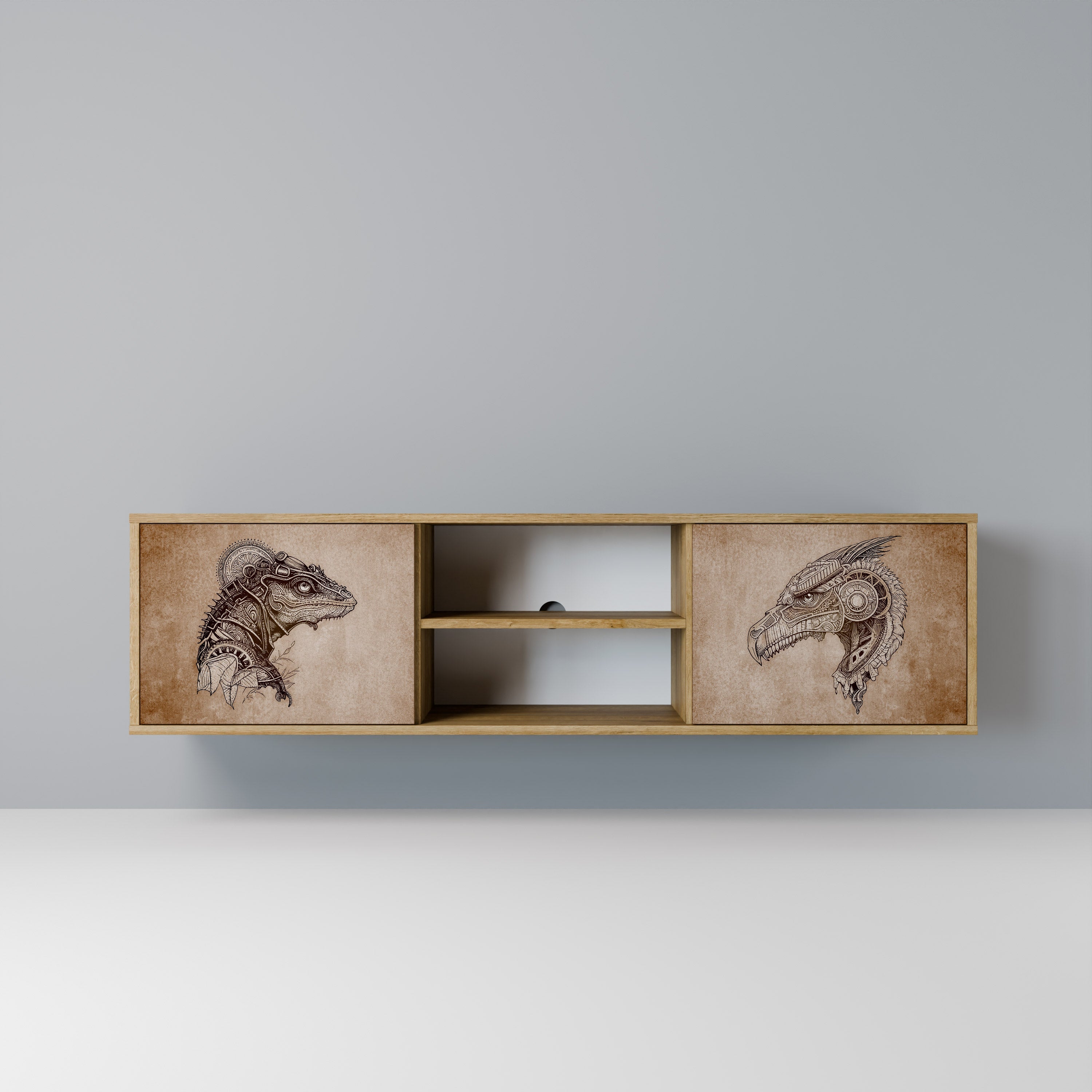 Meuble TV 2 portes STEAMPUNK CLAN effet chêne