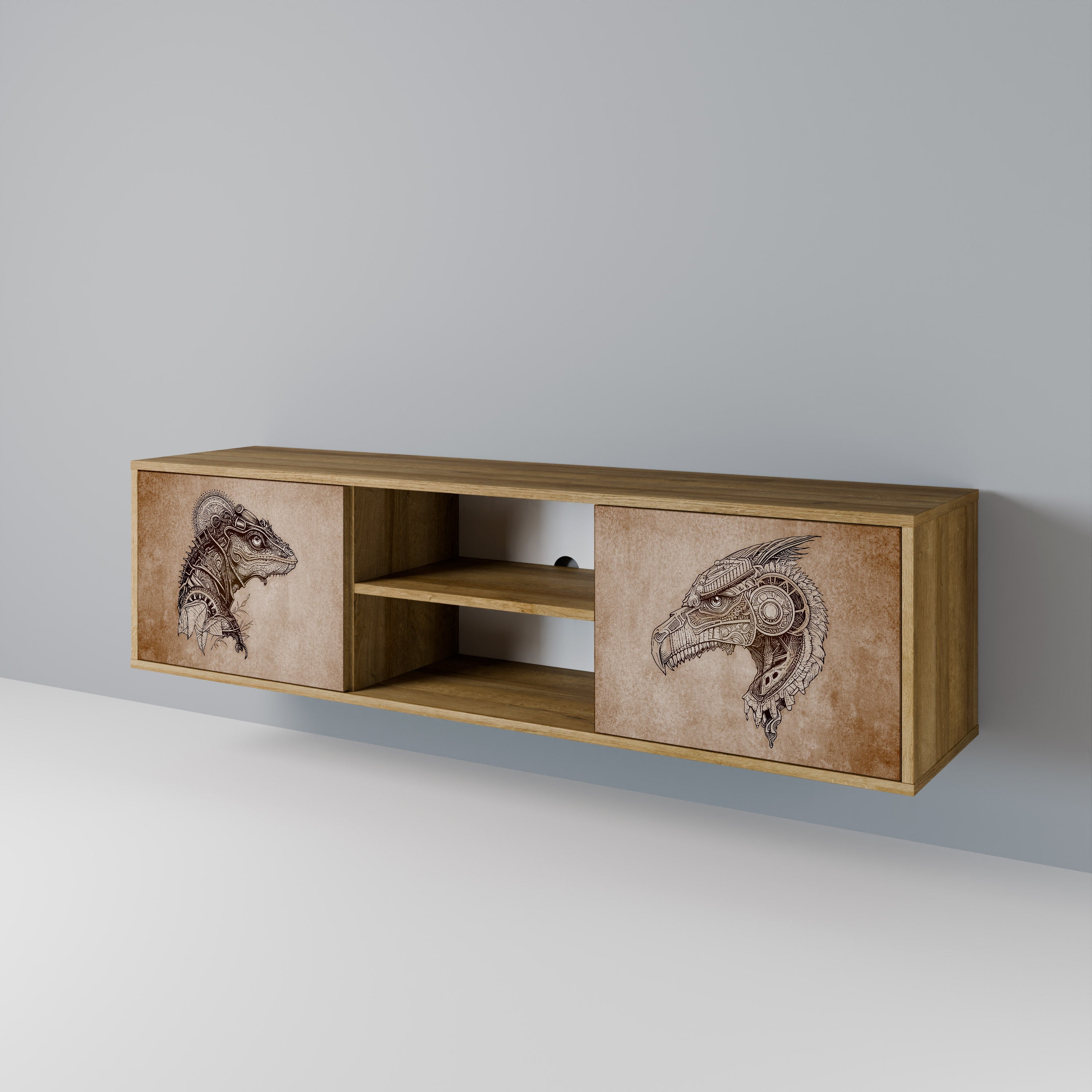 Meuble TV 2 portes STEAMPUNK CLAN effet chêne