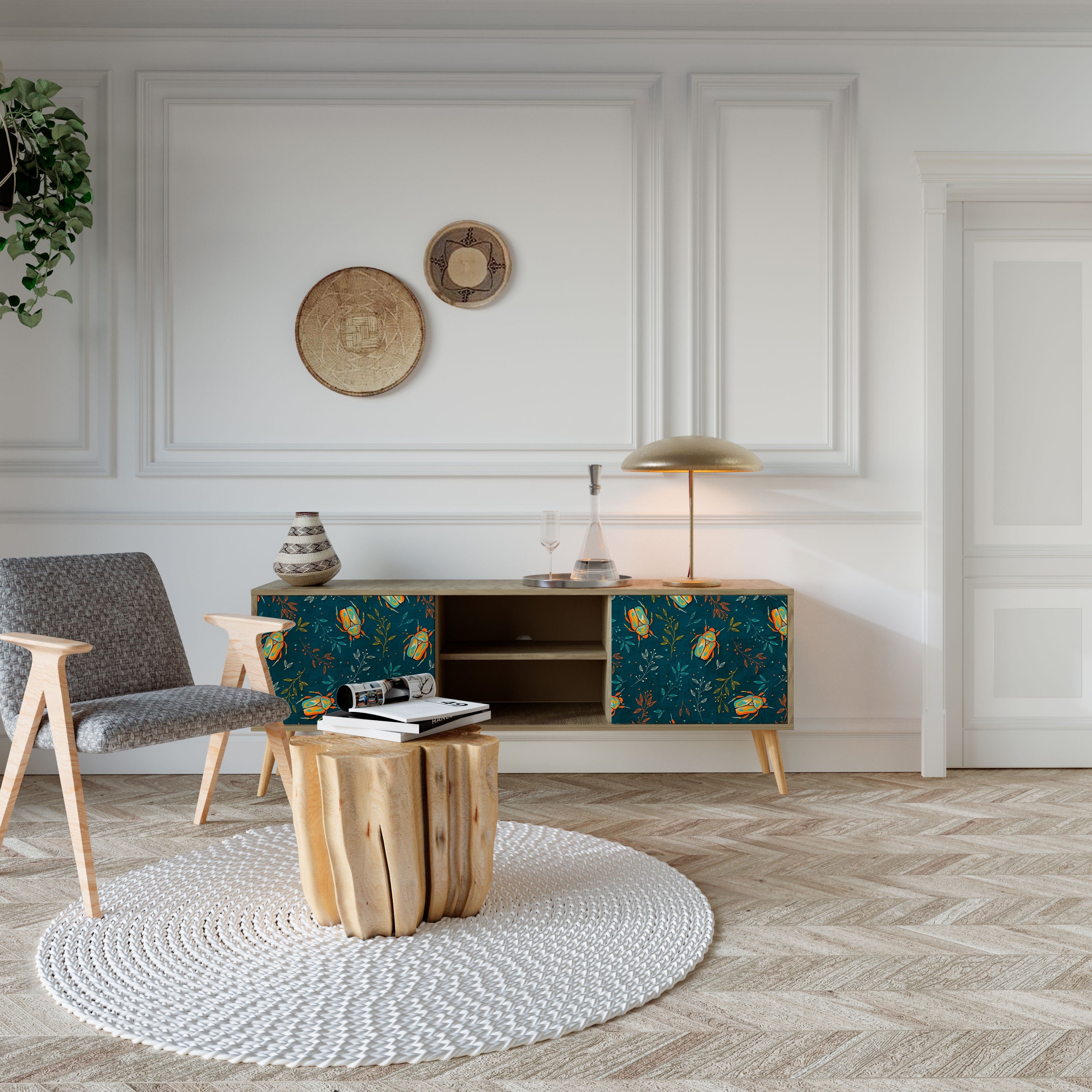 Meuble TV 2 portes INSECTES D'AUTOMNE effet chêne