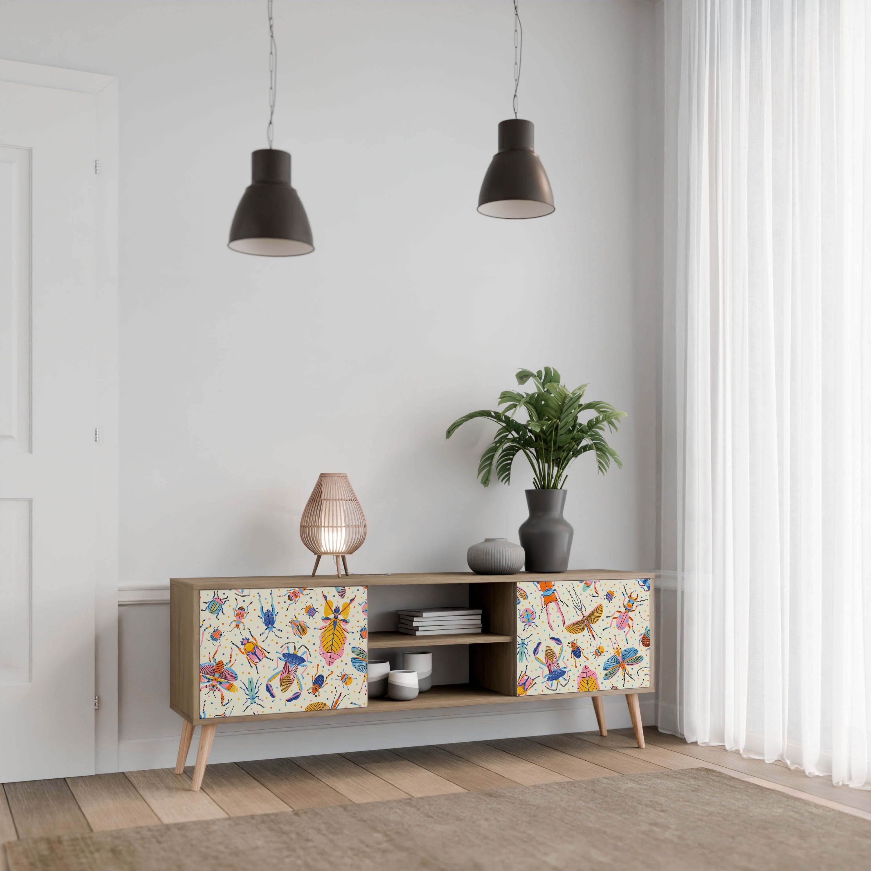 Meuble TV 2 portes INSECTES COLORÉS effet chêne