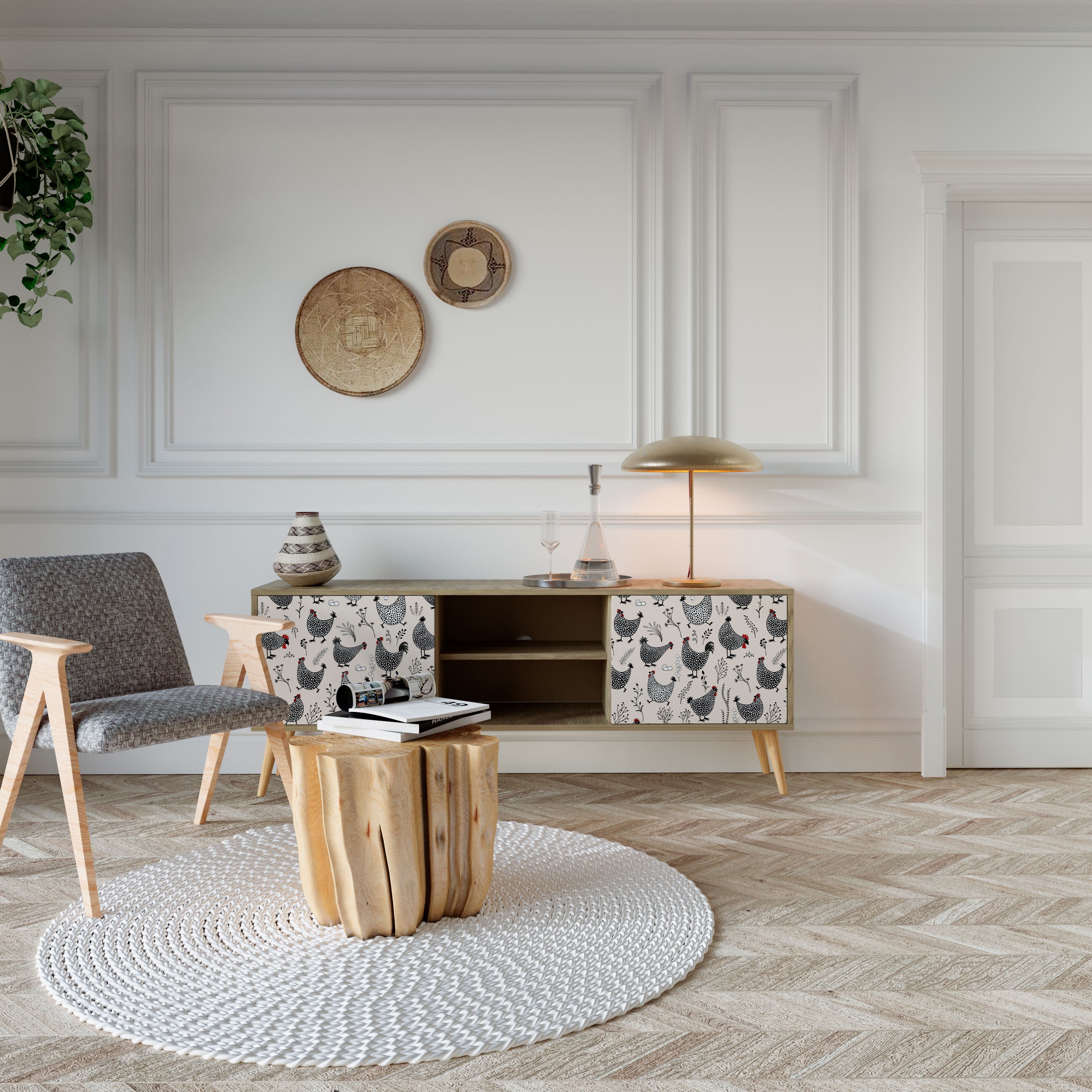 Meuble TV 2 portes HAPPY HENS effet chêne