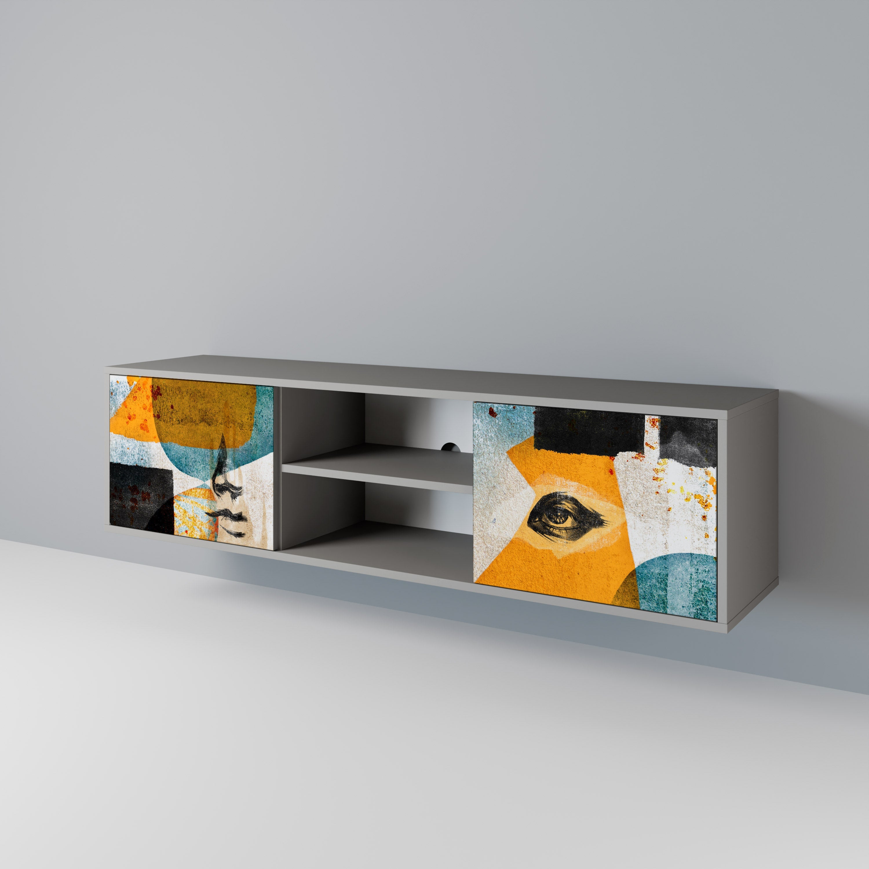 Meuble TV 2 portes ABSTRACT FACES, finition grise