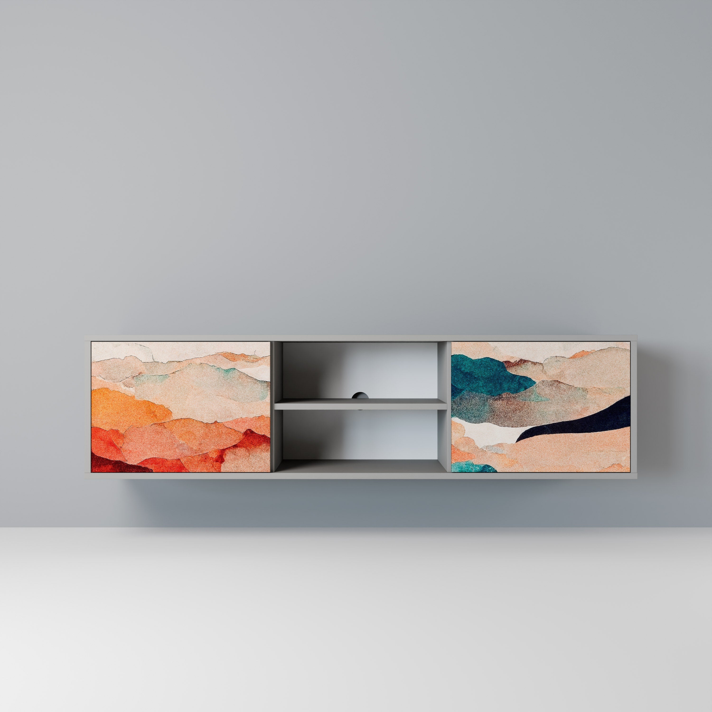 Meuble TV 2 portes ABSTRACT LANDSCAPE, finition grise