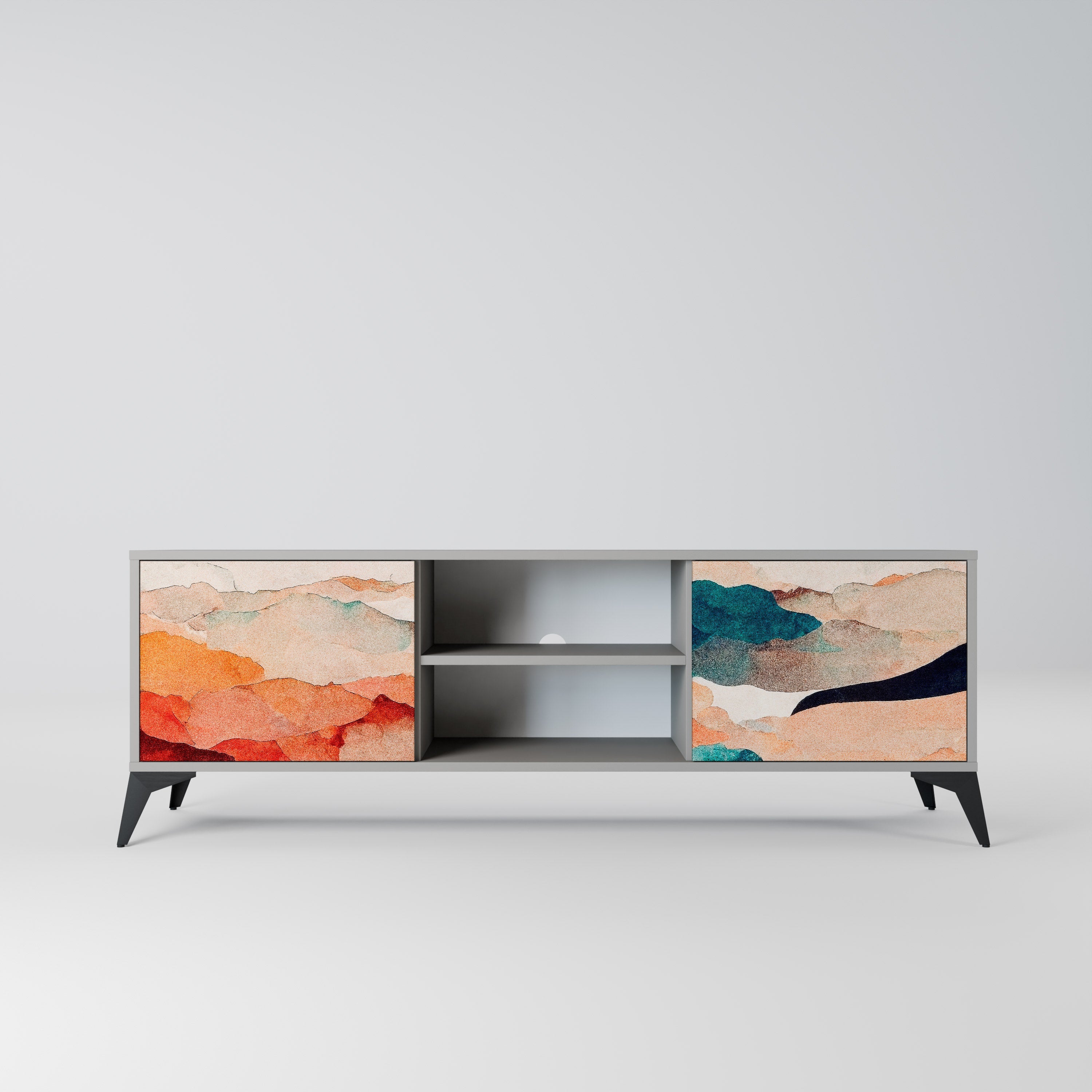 Meuble TV 2 portes ABSTRACT LANDSCAPE, finition grise