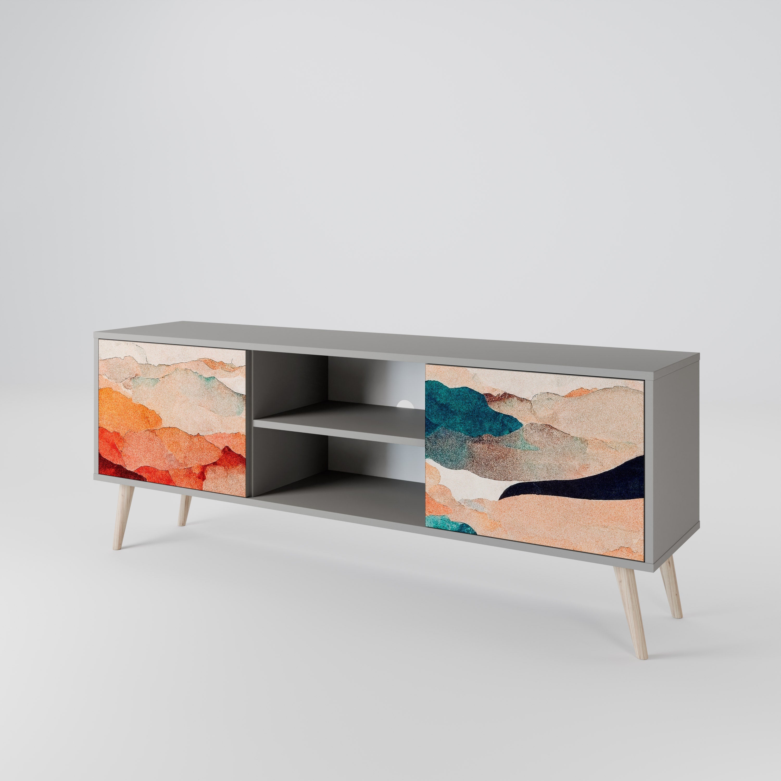 Meuble TV 2 portes ABSTRACT LANDSCAPE, finition grise