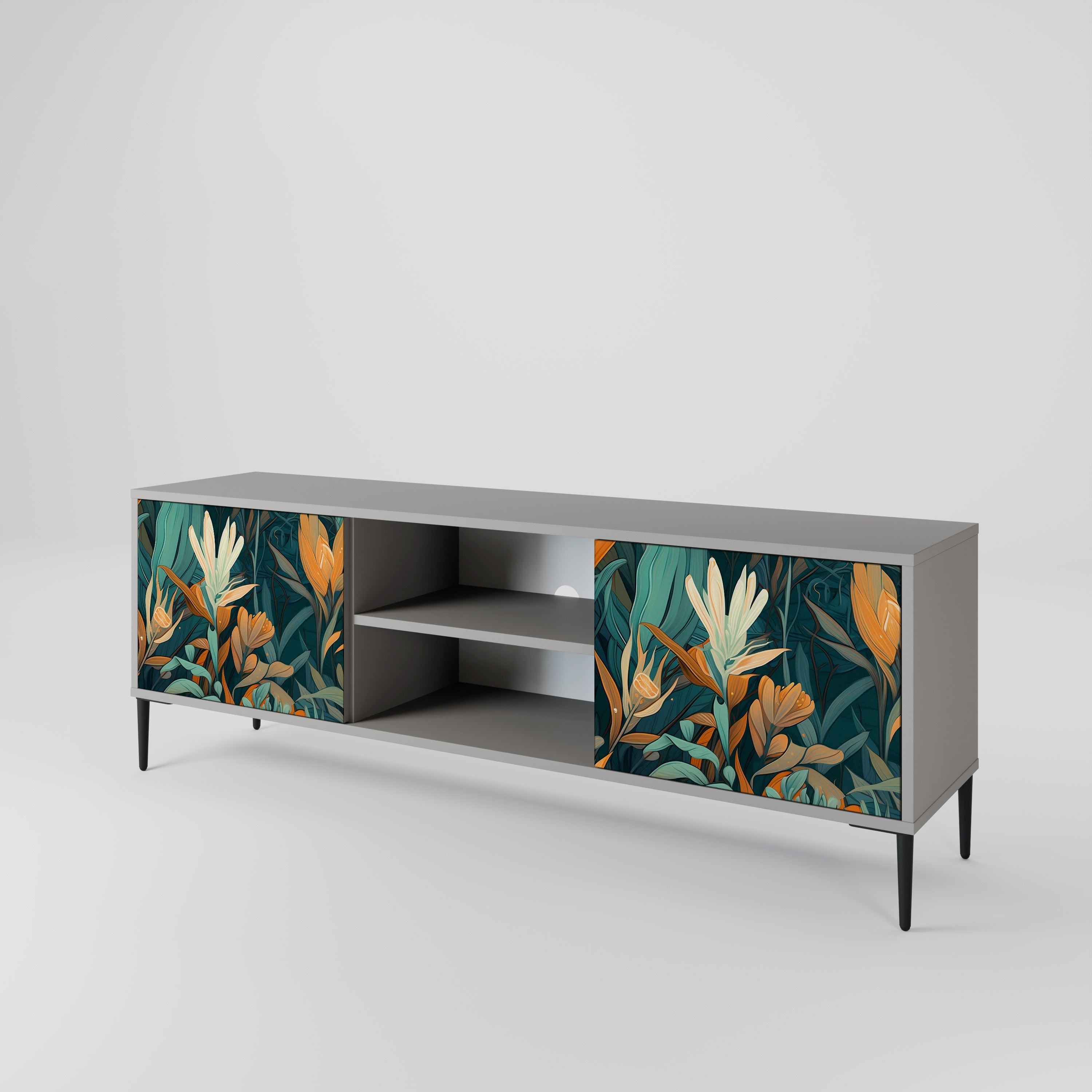 FLORAL SERENITY 2-Door TV Stand in Grey Finish