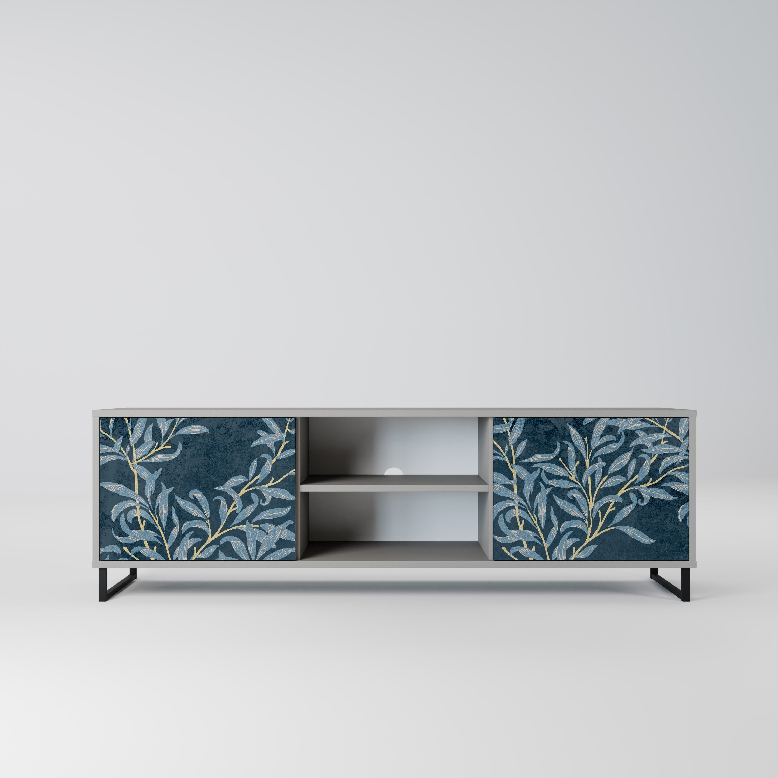 Meuble TV 2 portes BLUE LEAVES finition grise