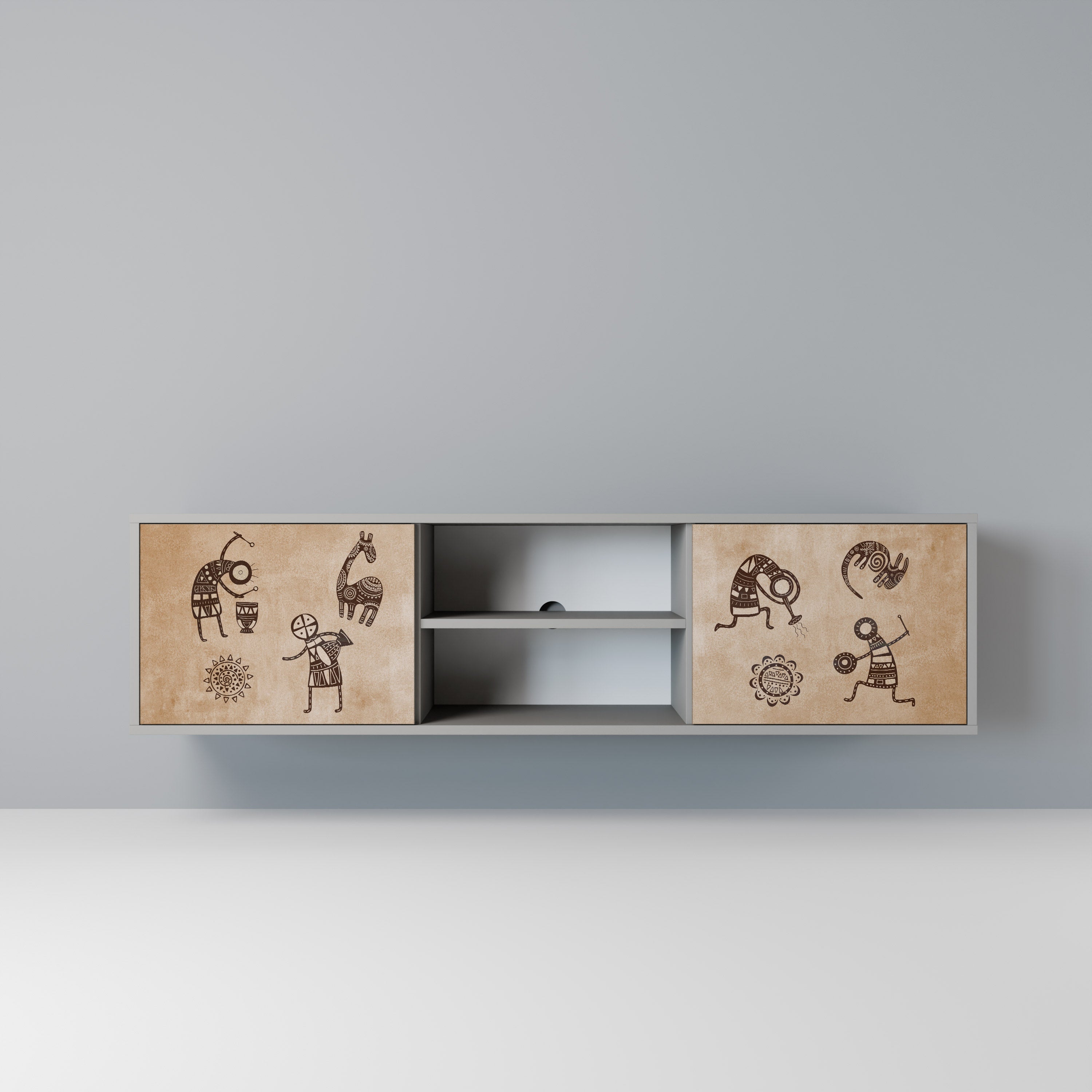 Meuble TV 2 portes de style africain, finition grise