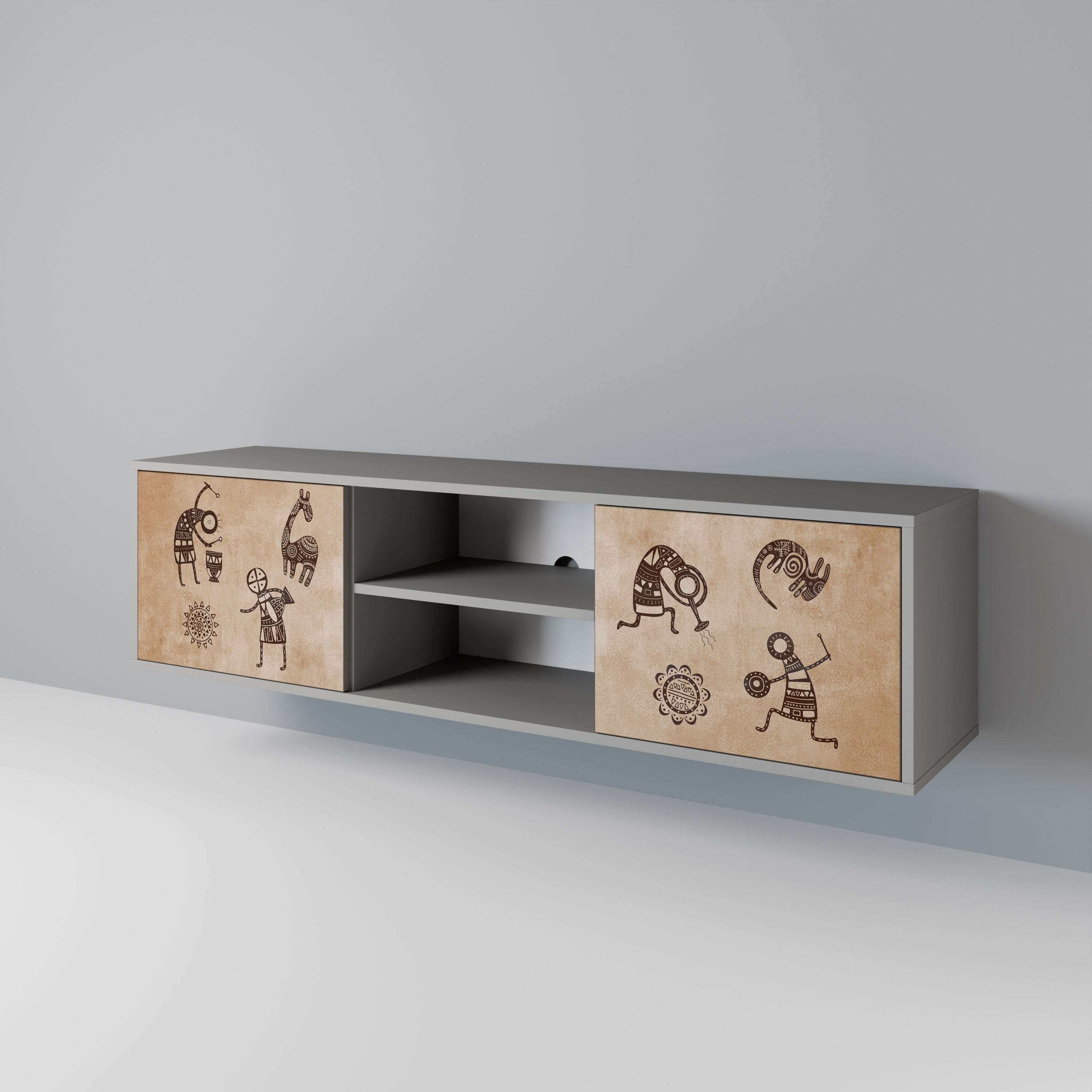 Meuble TV 2 portes de style africain, finition grise