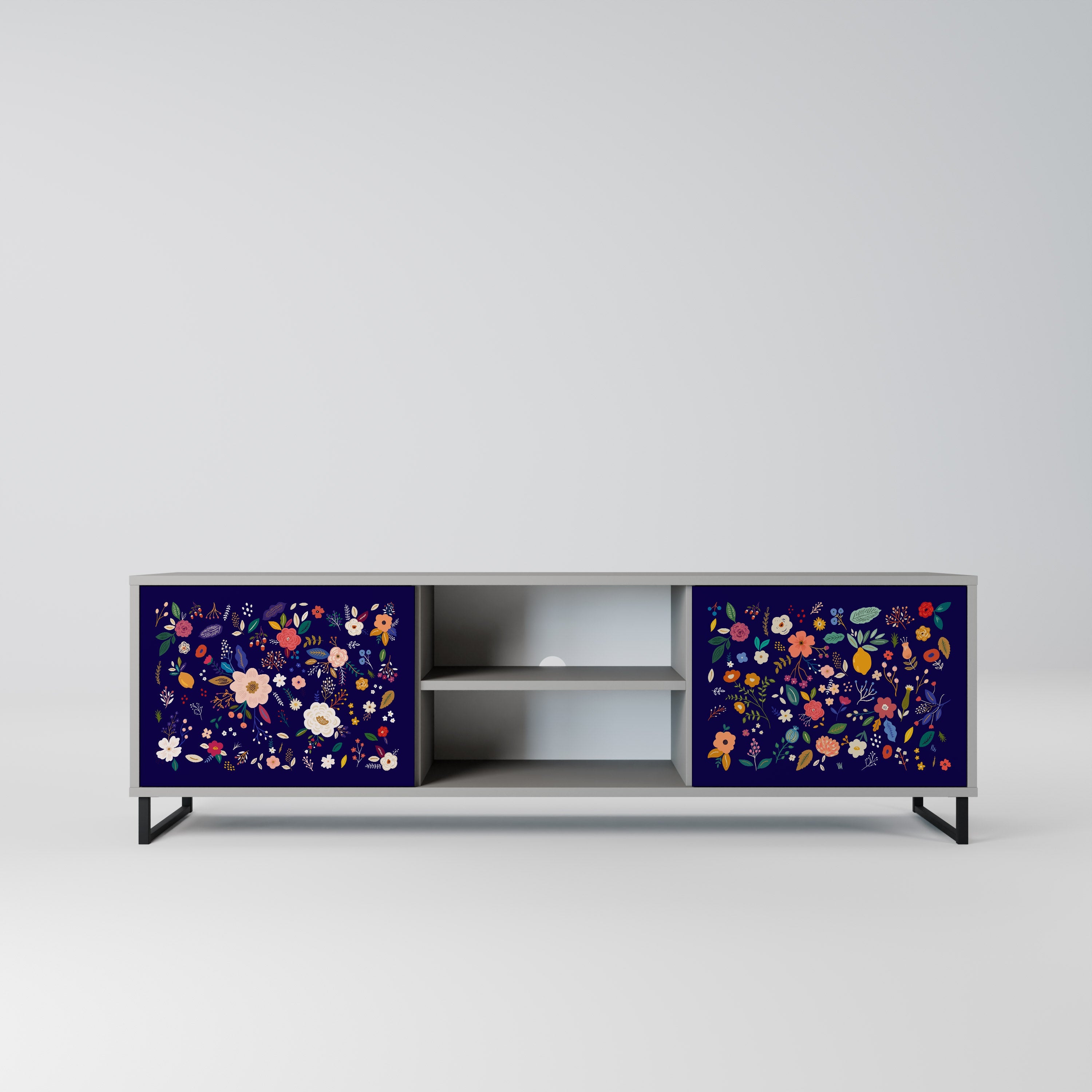 FLORAL COMBINATION 2-Door TV Stand in Grey Finish