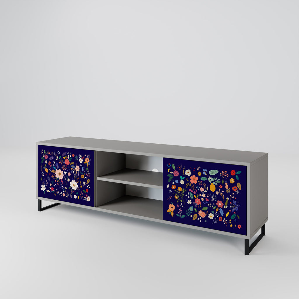 FLORAL COMBINATION 2-Door TV Stand in Grey Finish