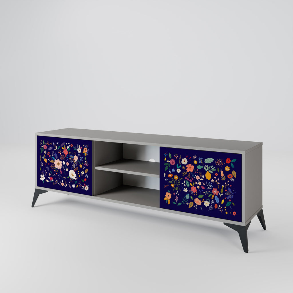 FLORAL COMBINATION 2-Door TV Stand in Grey Finish