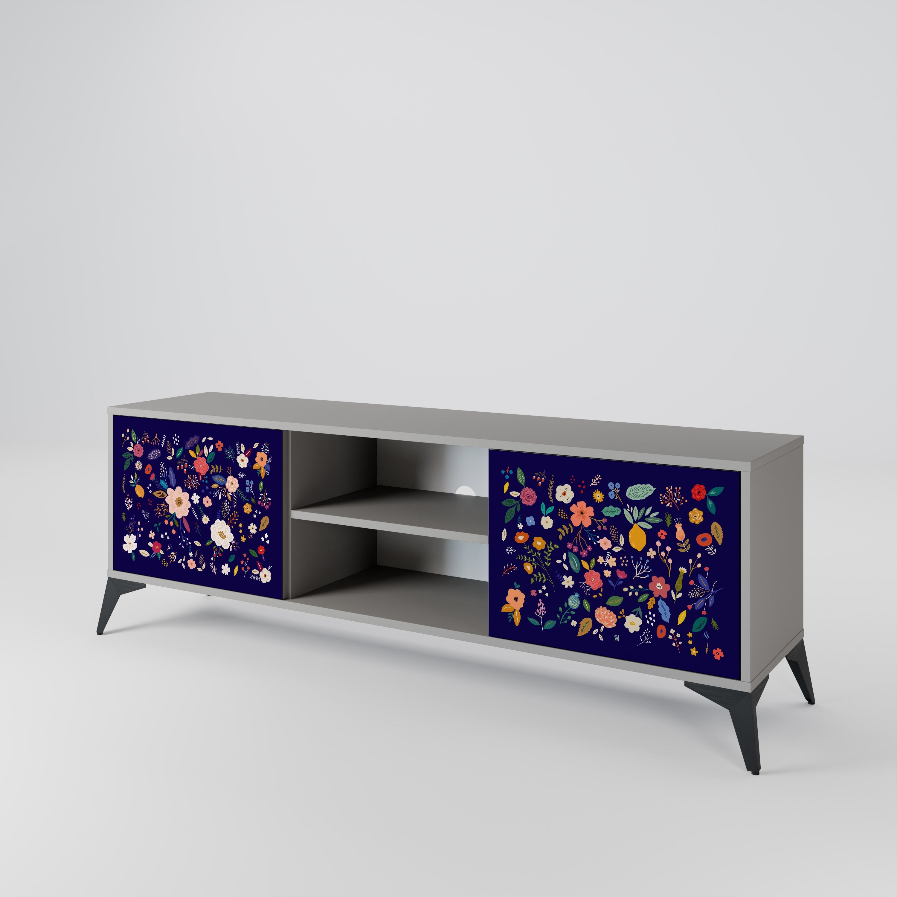 FLORAL COMBINATION 2-Door TV Stand in Grey Finish