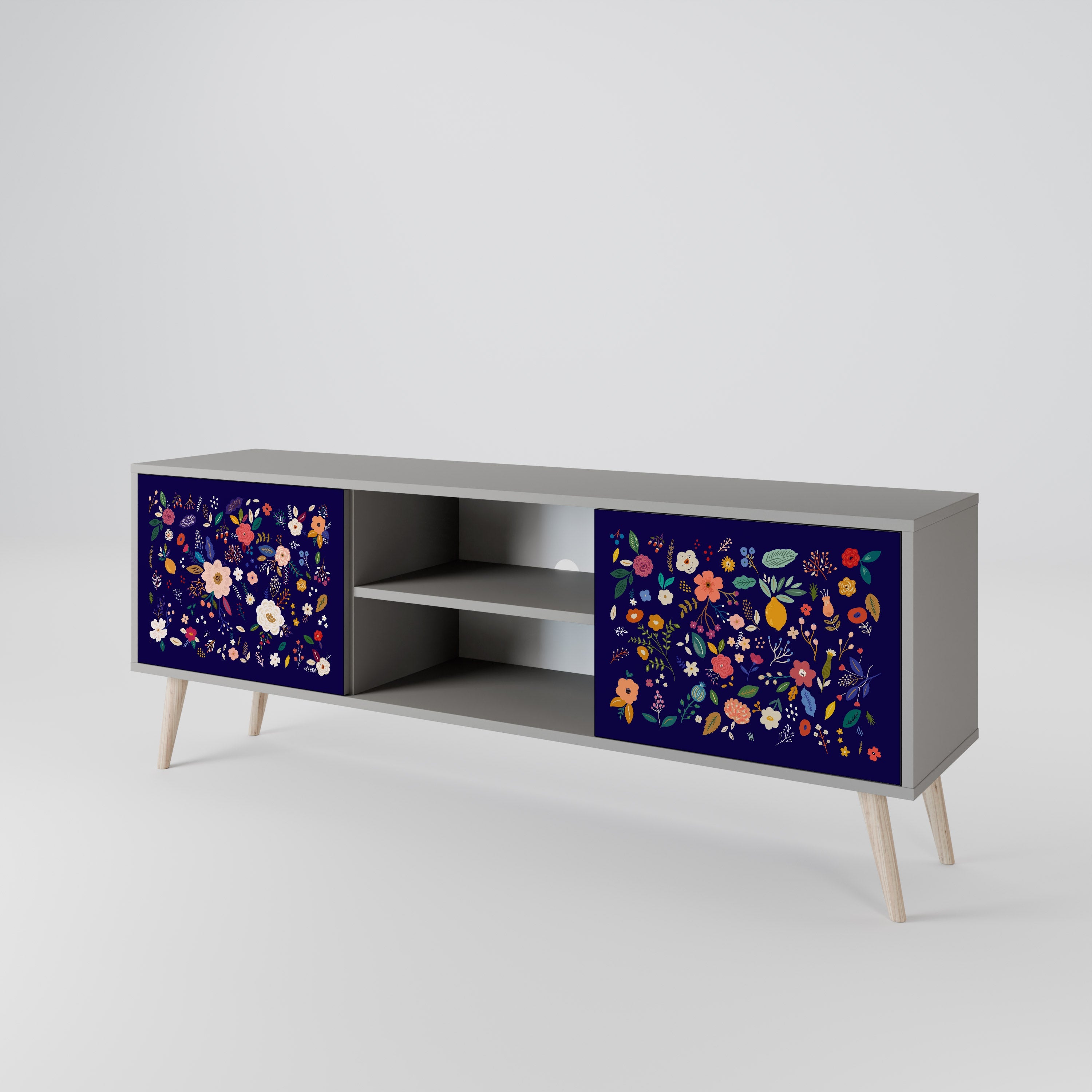 FLORAL COMBINATION 2-Door TV Stand in Grey Finish