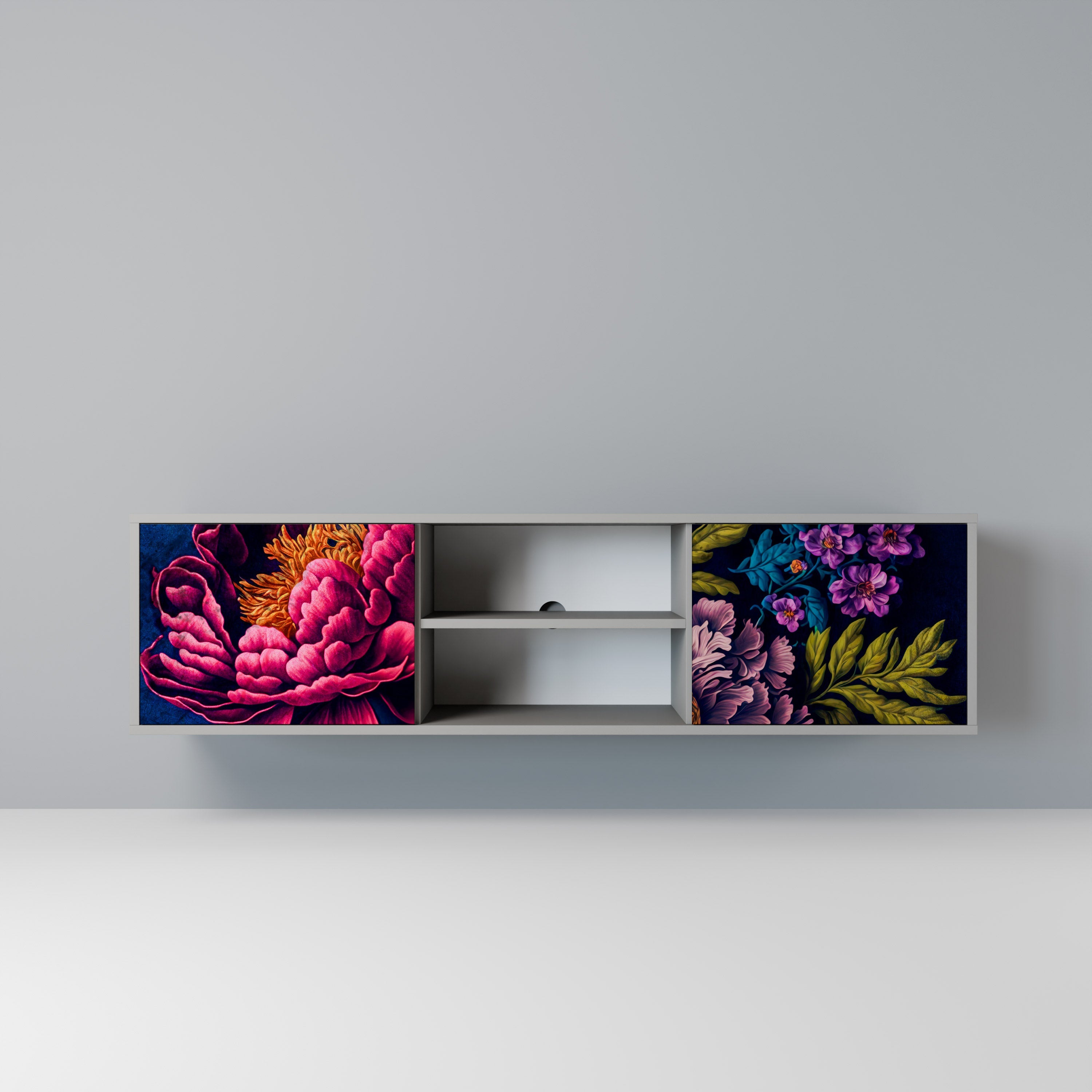 Meuble TV 2 portes BLOOMING ELEGANCE, finition grise