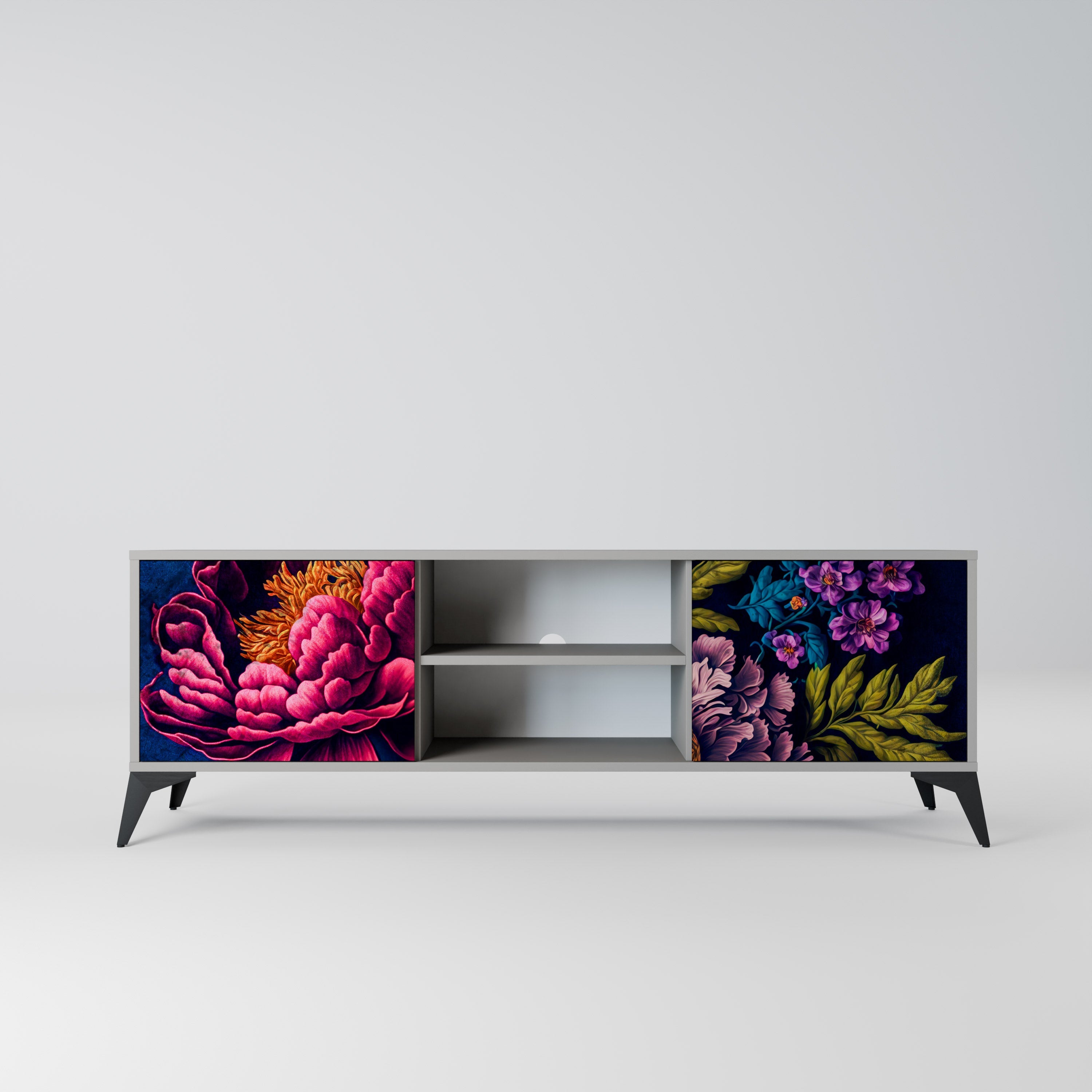 Meuble TV 2 portes BLOOMING ELEGANCE, finition grise