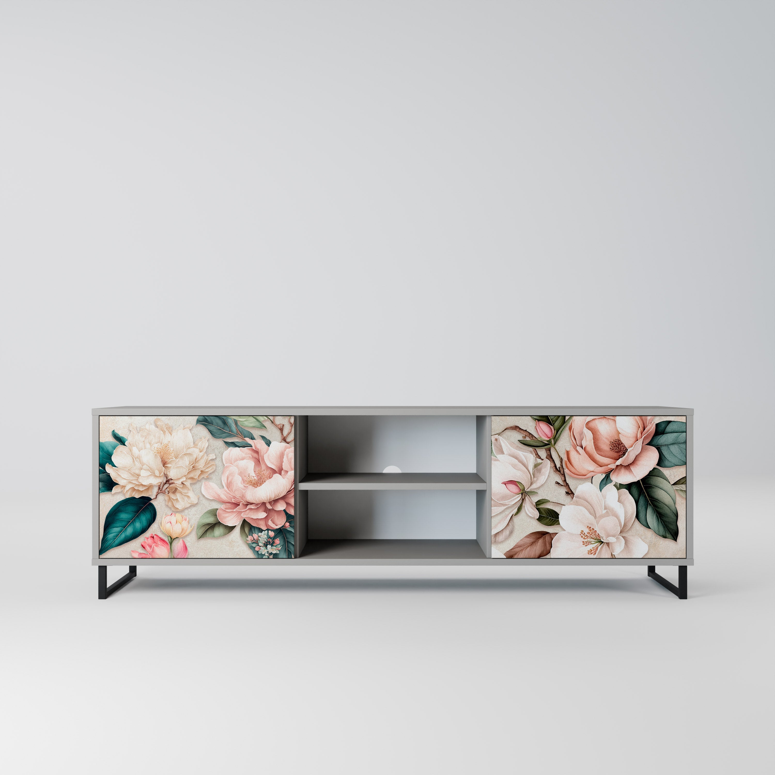 FLORAL GRACE 2-Door TV Stand in Grey Finish