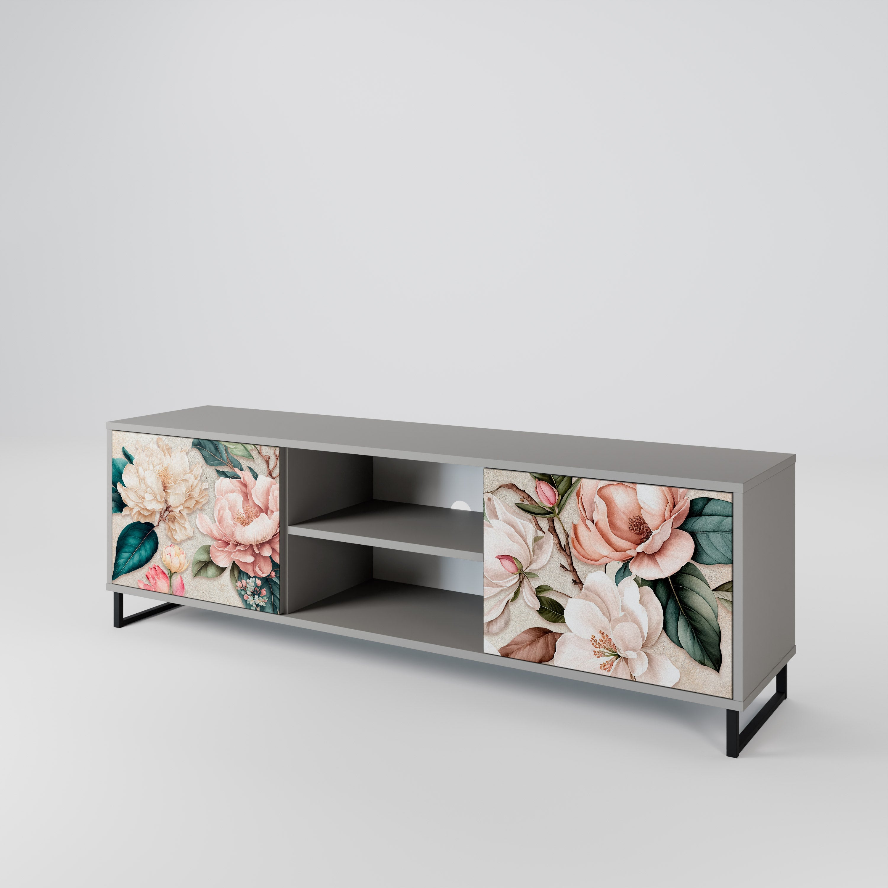 FLORAL GRACE 2-Door TV Stand in Grey Finish
